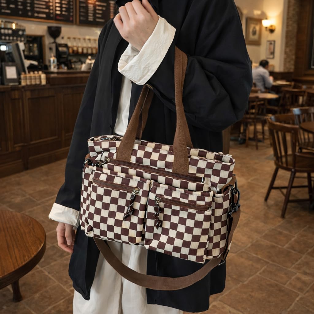 Checkered Multi-Pocket Tote Bag with Zipper, Large Capacity Shoulder Handbag with Detachable Strap