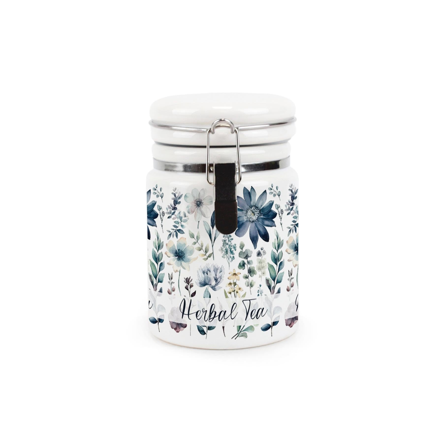 Purely Home Blue Pastel Flowers Herbal Tea Canister - Pretty Watercolour Floral Gifts - Ceramic Kitchen Food Storage Container with Clip Lid 400ml (13.5cm x 8.5cm)