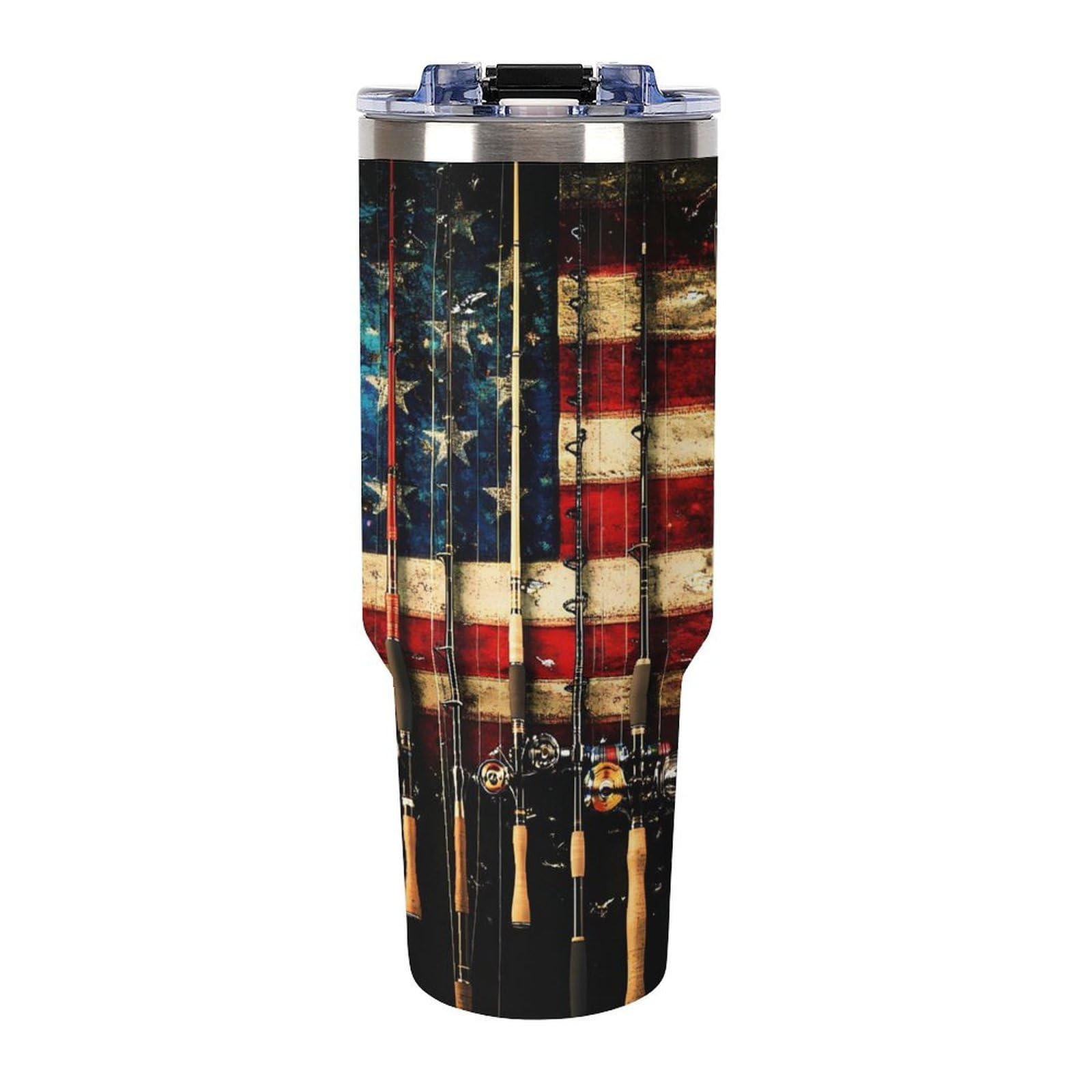 Becher mit Griff und Angelrute mit USA-Flagge, 1,2 l, Reise-Kaffeebecher, großes Fassungsvermögen, Autobecher, Wasserflasche