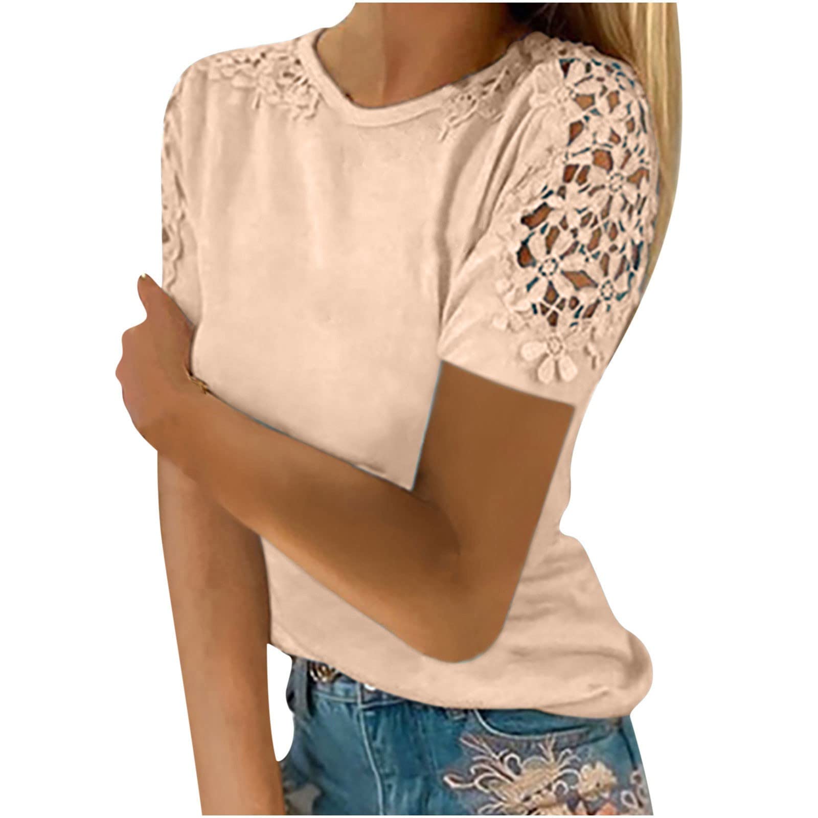 HAOLEI Suelta Camisetas Manga Corta Mujer,Tallas Grandes Camiseta Mujer de Mangas de Encaje Huecas Camiseta Blanca Mujer Color Sólido Blusas Mujer Verano 2024 Elegantes Multicolor Casual Tops