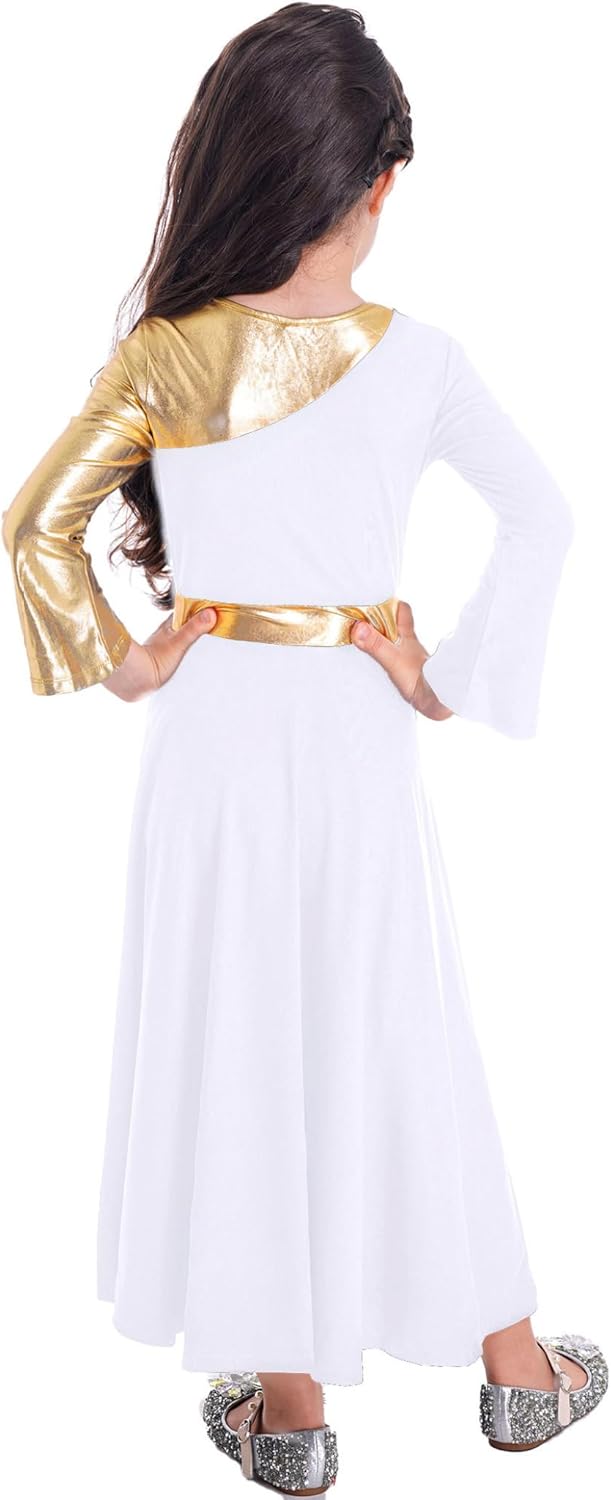 Girls Praise Dance Robe Liturgical Worship Metallic Patchwork Bell Long Sleeve Dress Loose Fit Church Dancewear