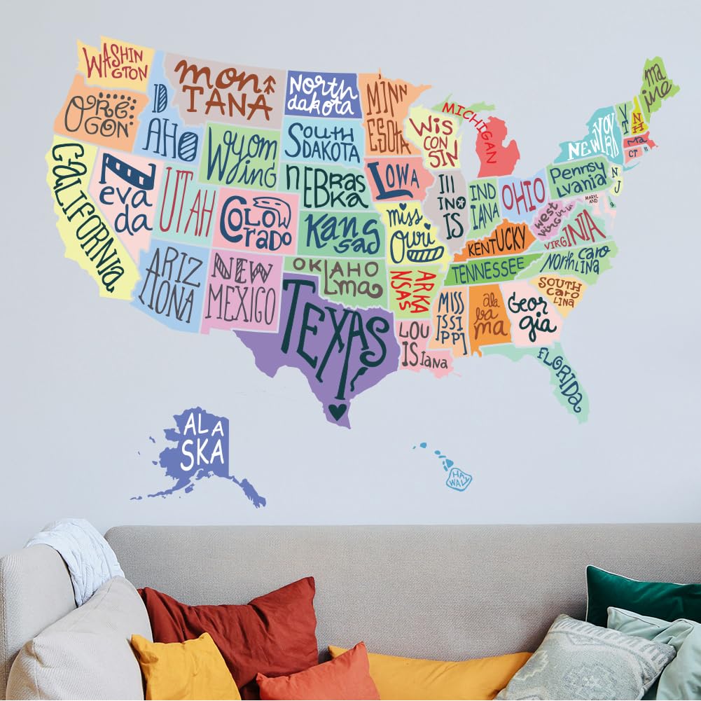 SUPERDANT Map of United States Wall Decals United States Map Wall Stickers Map Wall Decor Colorful Decals Vinyl Wall Decor for Bedroom Living Room Hallways Family Office Classroom