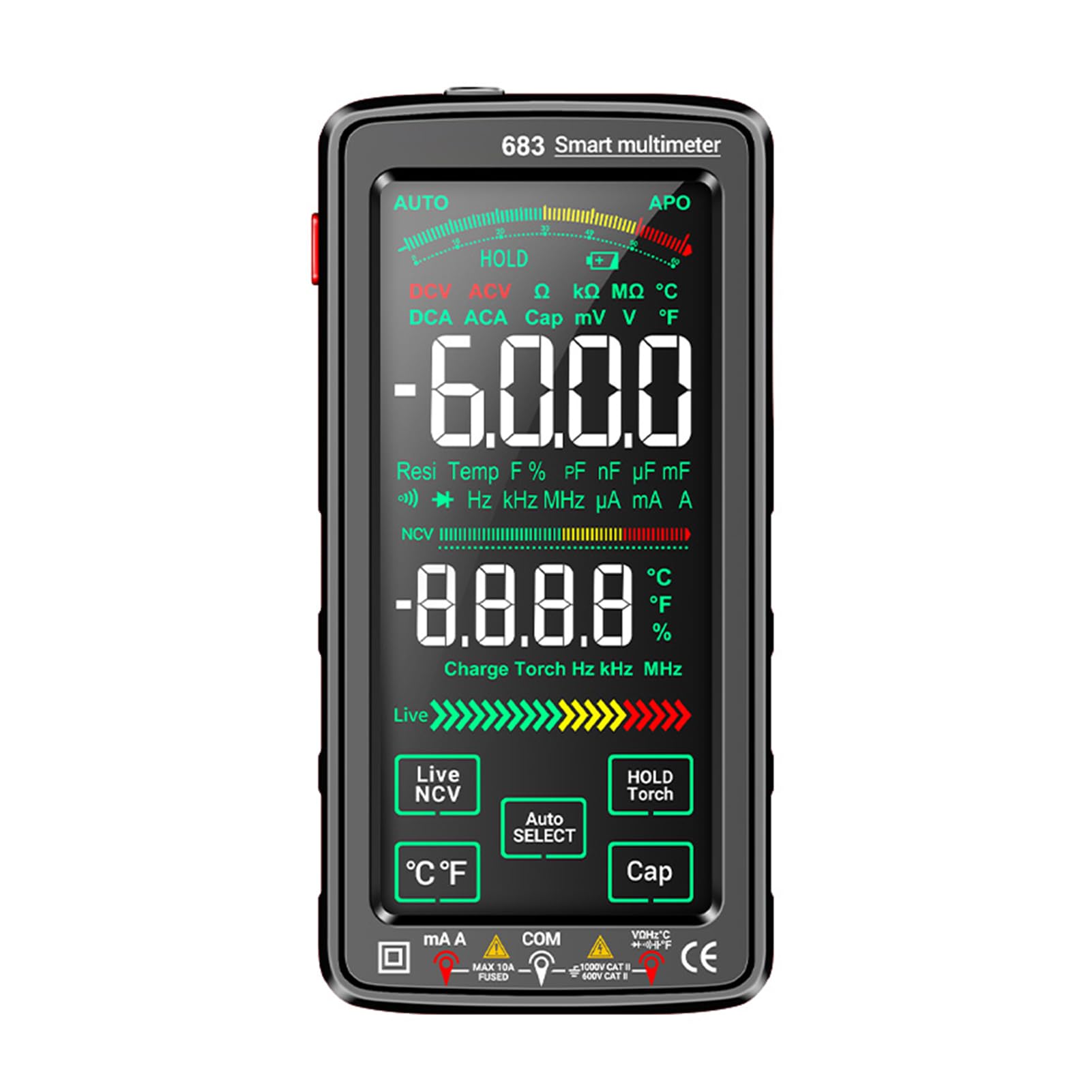 HUIOP 683 6000 Conta Multimetro digitale grande touch screen Misuratore universale ricaricabile intelligente -ustione VA Display inverso Tester NCV con torcia elettrica per tensione Corrente