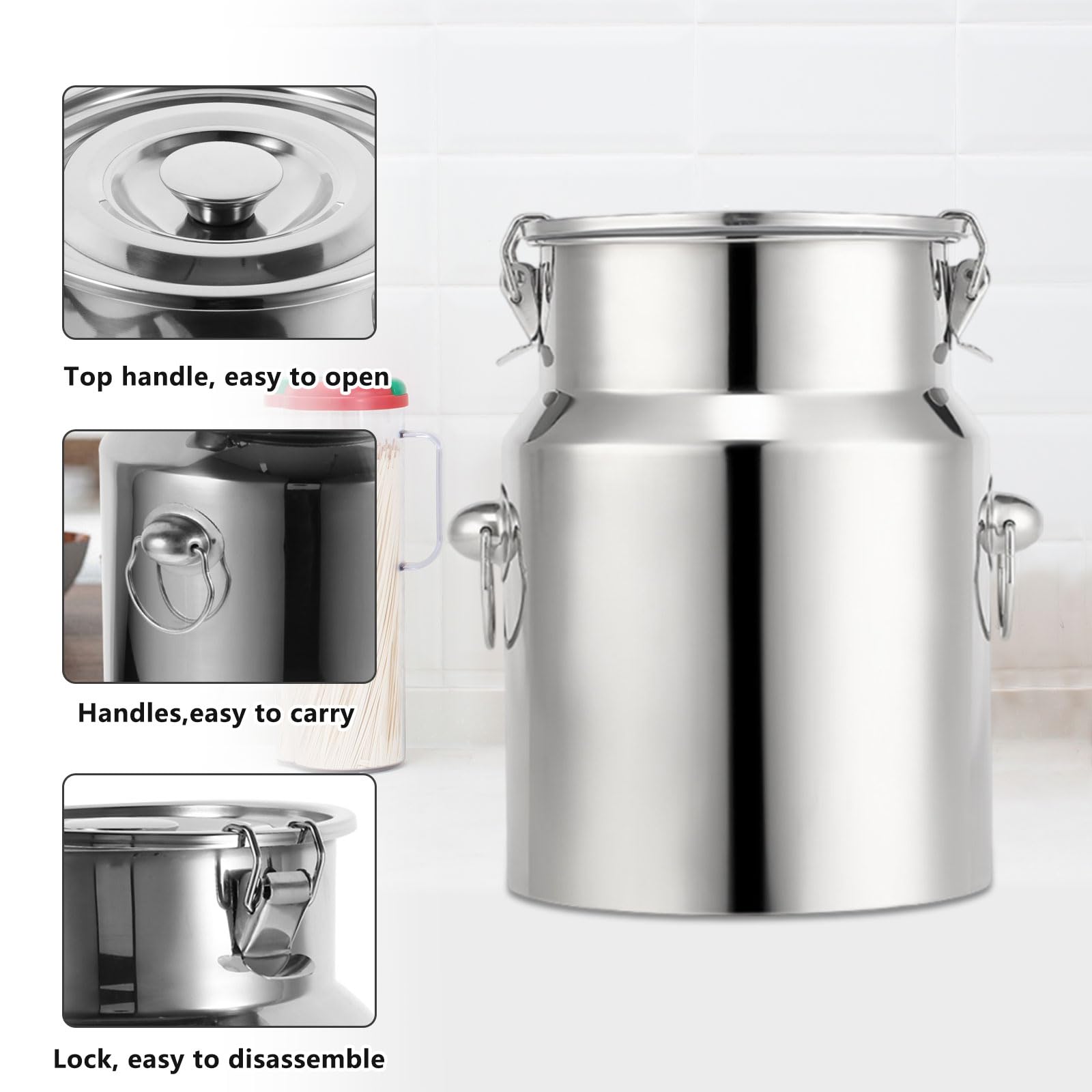 Contenitore Ermetico in Acciaio Inox, Secchio per Il Latte Secchiello per Il Vino con Coperchio Bidone per Il Latte Contenitore per Riso E Cereali per Latte, Vino, Olio, Cereali,5L 17x24CM