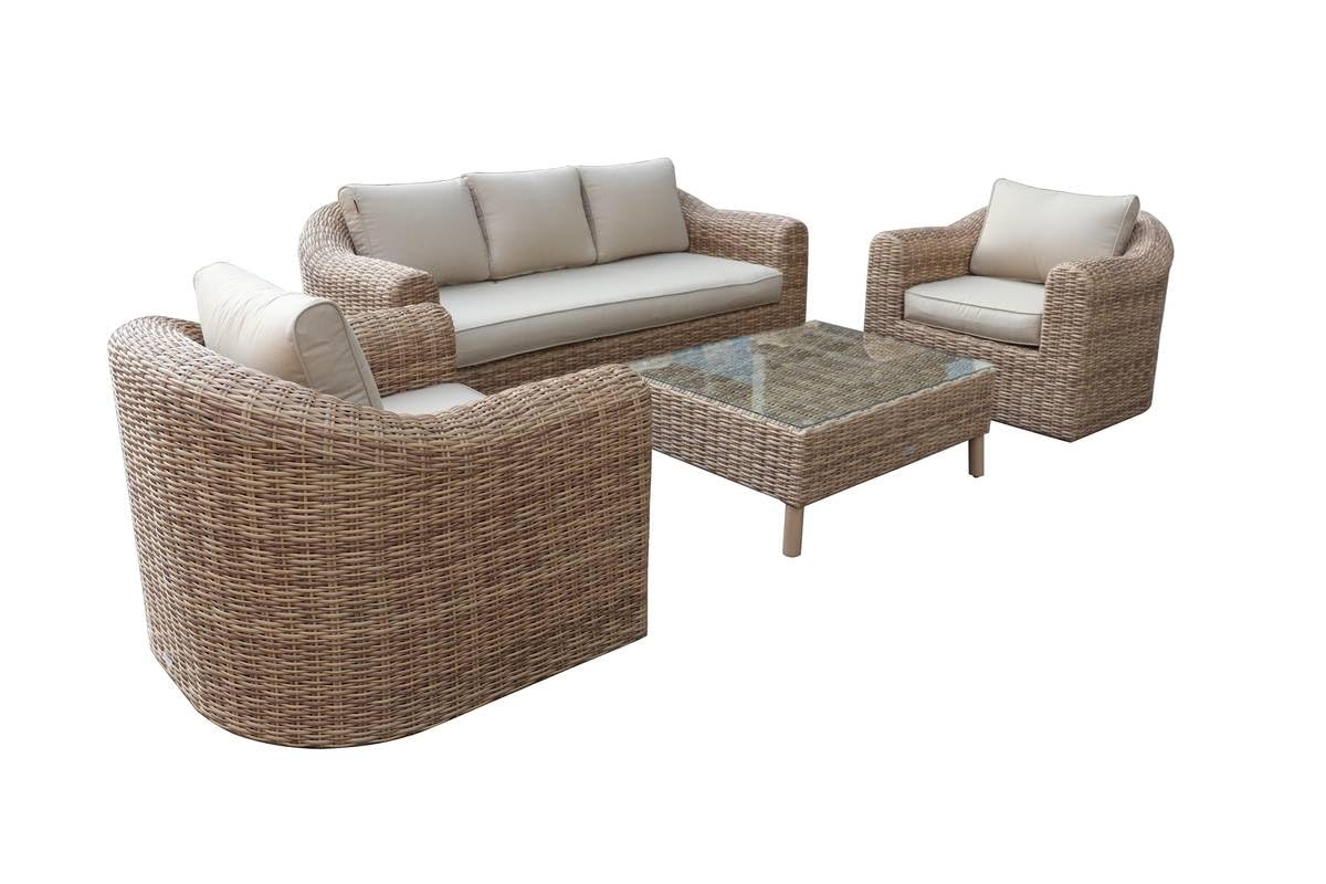 Hespéride - Salon de Jardin Mooréa Savana 5 Places - Anti-​Rouille - Résine Tressée - Coussins Déhoussables Déperlants - 1 Canapé, 2 Fauteuils et 1 Table Basse - Mobilier d'Extérieur Jardin, Patio