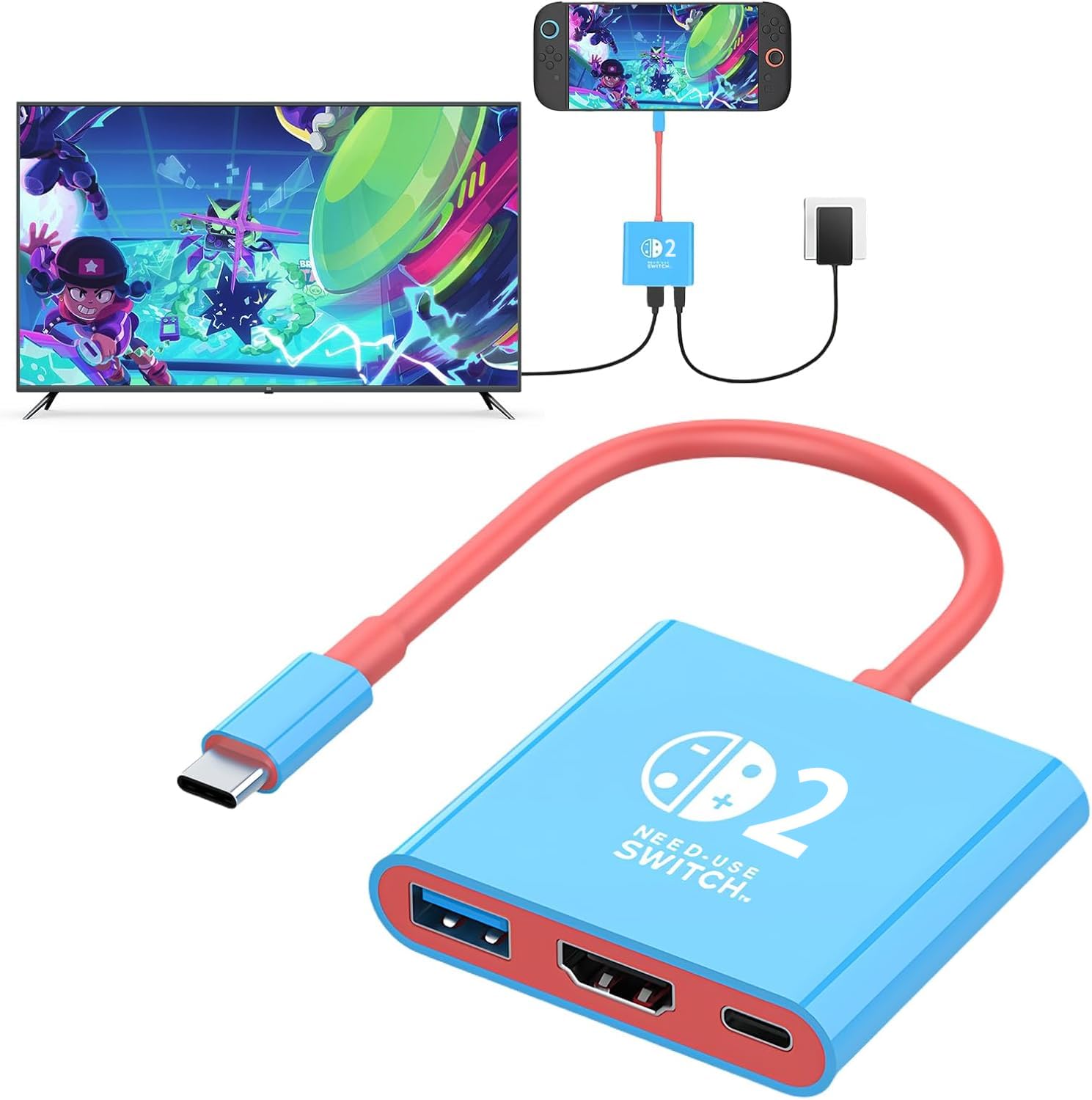 Switch 2 TV Dock, Portatile Base Support Compatibile con Nintendo Switch 2 Console,3 in 1 Docking Station Supporto 4K HDMI/USB 3.0/PD 100W Port, Dock Switch 2 (Rosso e Blu)