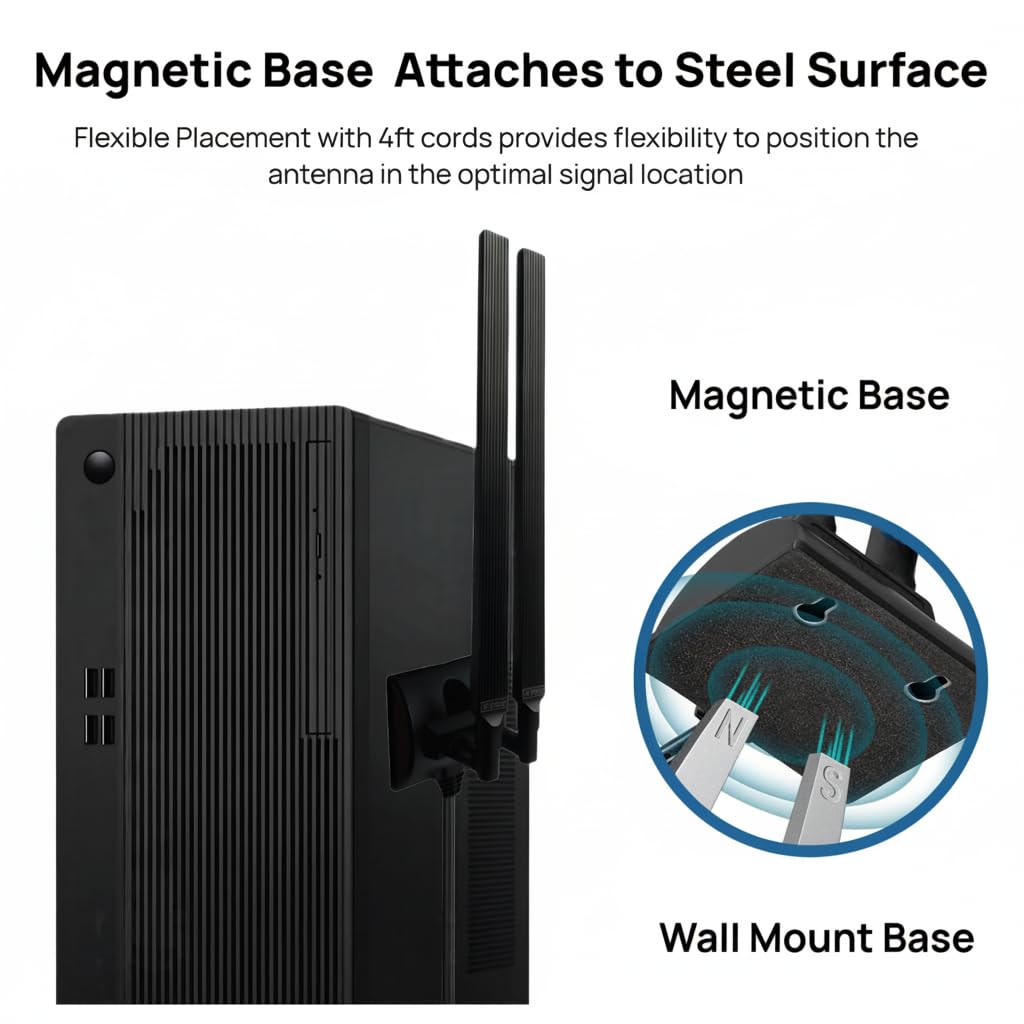 TECHTOO Antena WiFi de 12 dBi de doble banda 2.4 GHz 5 GHz RP-SMA Antenas WiFi con base magnética y cable de extensión de 4 pies para PC de escritorio, PCI, Bluetooth, tarjeta de red inalámbrica