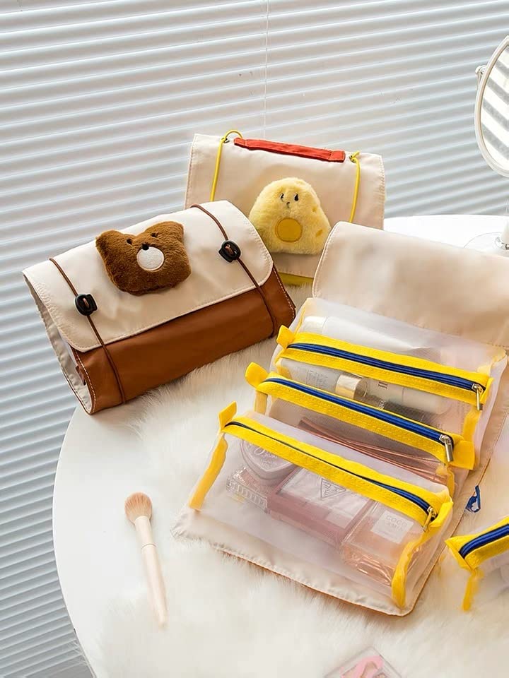 Miniatura 4 de Bolsa de cosméticos Kawaii de viaje, bolsa organizadora de maquillaje, bolsa organizadora de maquillaje, bolsa de aseo colgante extraíble (amarillo)