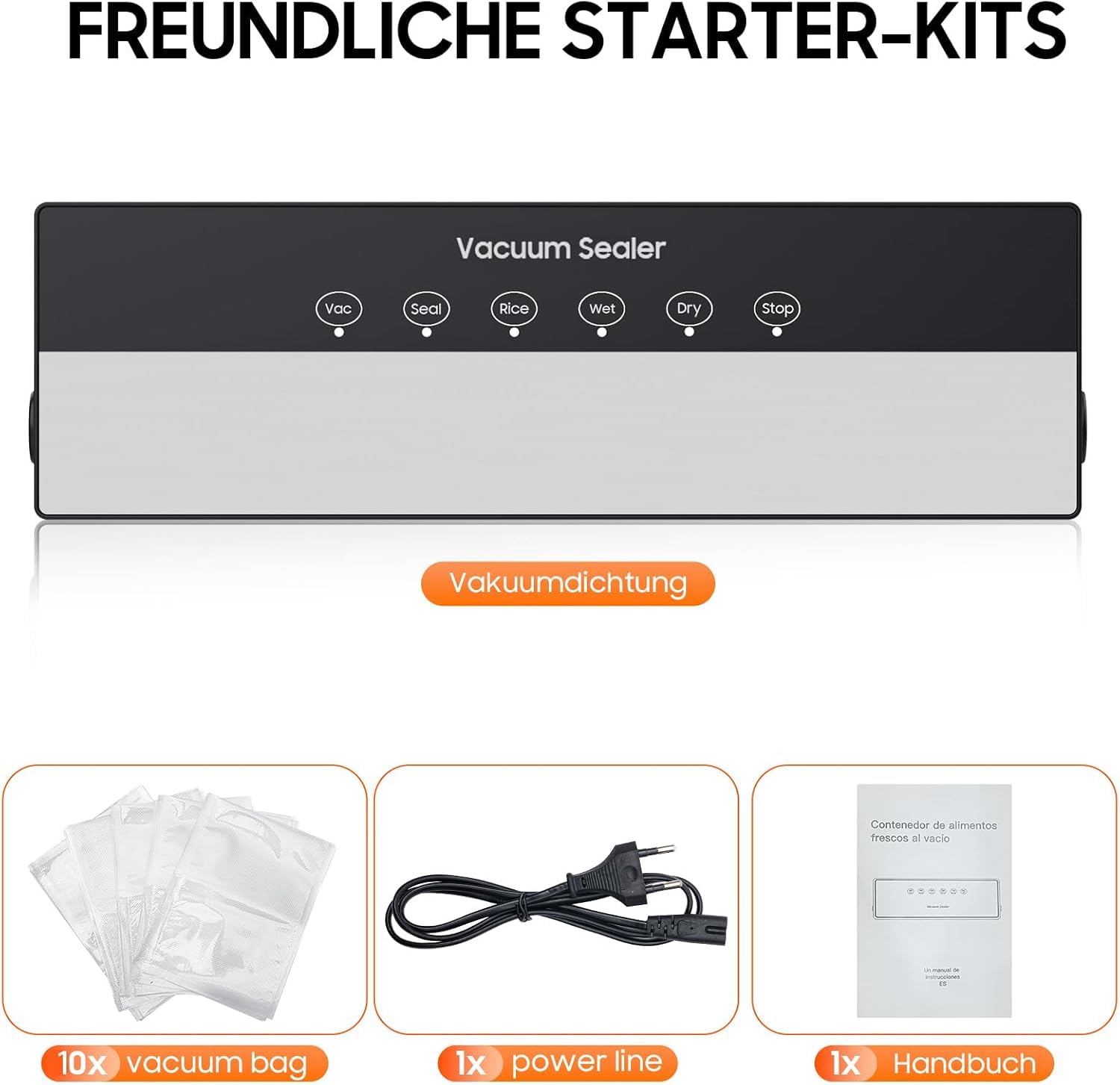Macchina Sottovuoto,Potente 90Kpa Precisione 5 in 1 Sistema di Conservazione degli Alimenti Sottovuoto, Include sacchetto per il vuoto, Modalità a Secco e Umido Nero (Black, 10 vacuum bags)