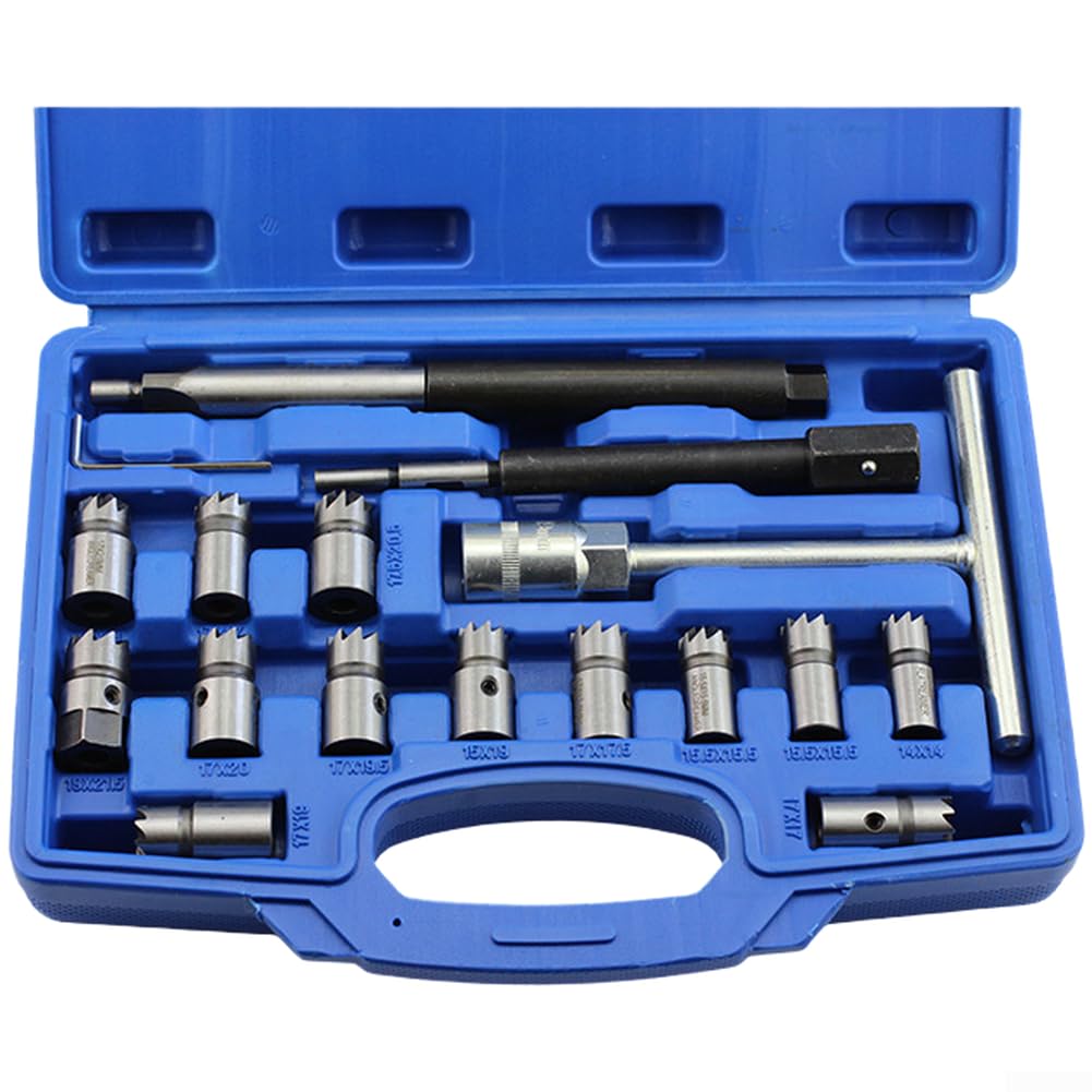 Set di attrezzi versatile per alesatore per sedili iniettori per motori Common Rail Common Rail con 13 teste di taglio per lavori di pulizia e riparazione di precisione (17 pezzi)