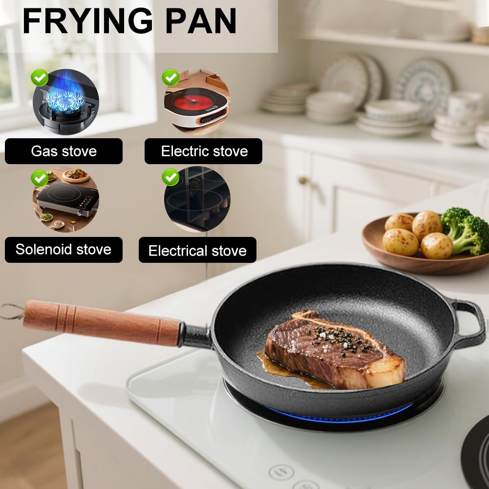Padella in Ghisa 27 cm con Manico in Legno, in Ferro Durevole e Antiaderente Naturale, adatta a Induzione e a Tutti i Piani Cottura, ideale per Bistecca, Frittata e Verdure