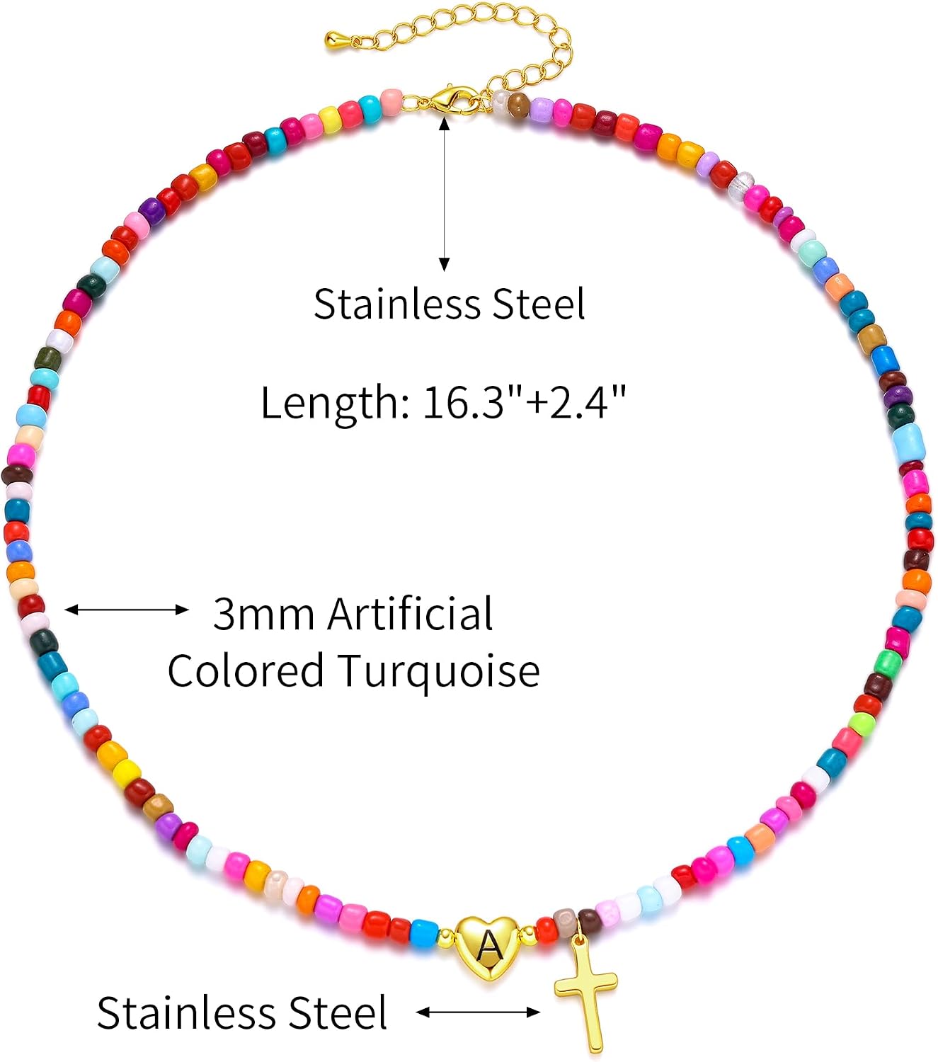 Colorful Initial Necklaces for Women Beaded Choker Necklace for Girl Cross Pendant Necklace Gold Sliver Letter A-Z Fashion Jewelry Accessories Gifts for Teenage Girls