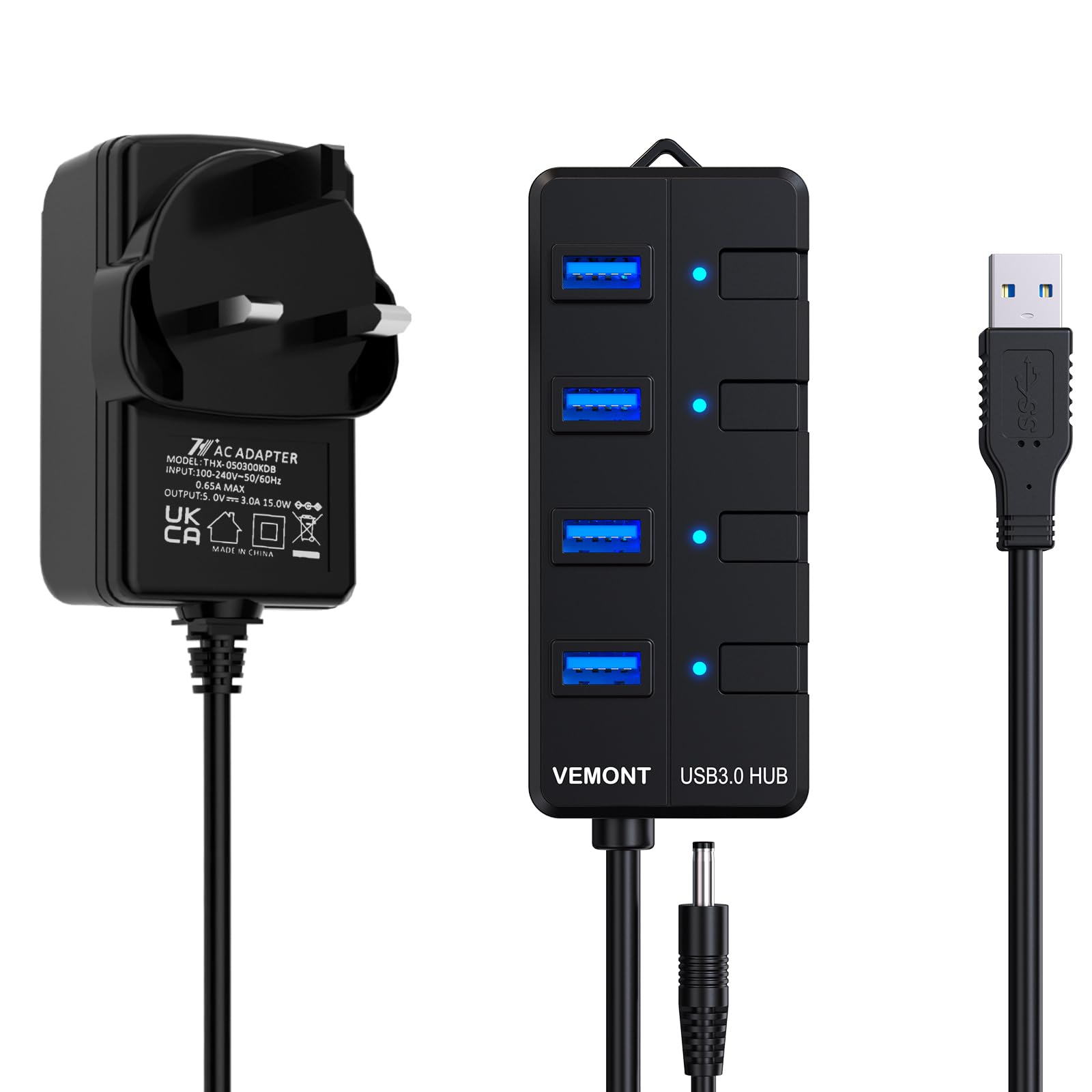 Hub USB 3.0 Alimentatore, 7 Porte Hub USB 3.0 di Trasferimento Dati, 1
