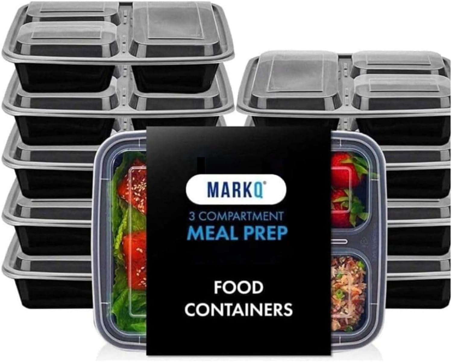 MARKQ [10 Pack] [32 Oz] Meal Prep Containers with Lids - 3-Compartment Plastic Food Storage Containers - Reusable Lunch Boxes for Adults & Meal Planning