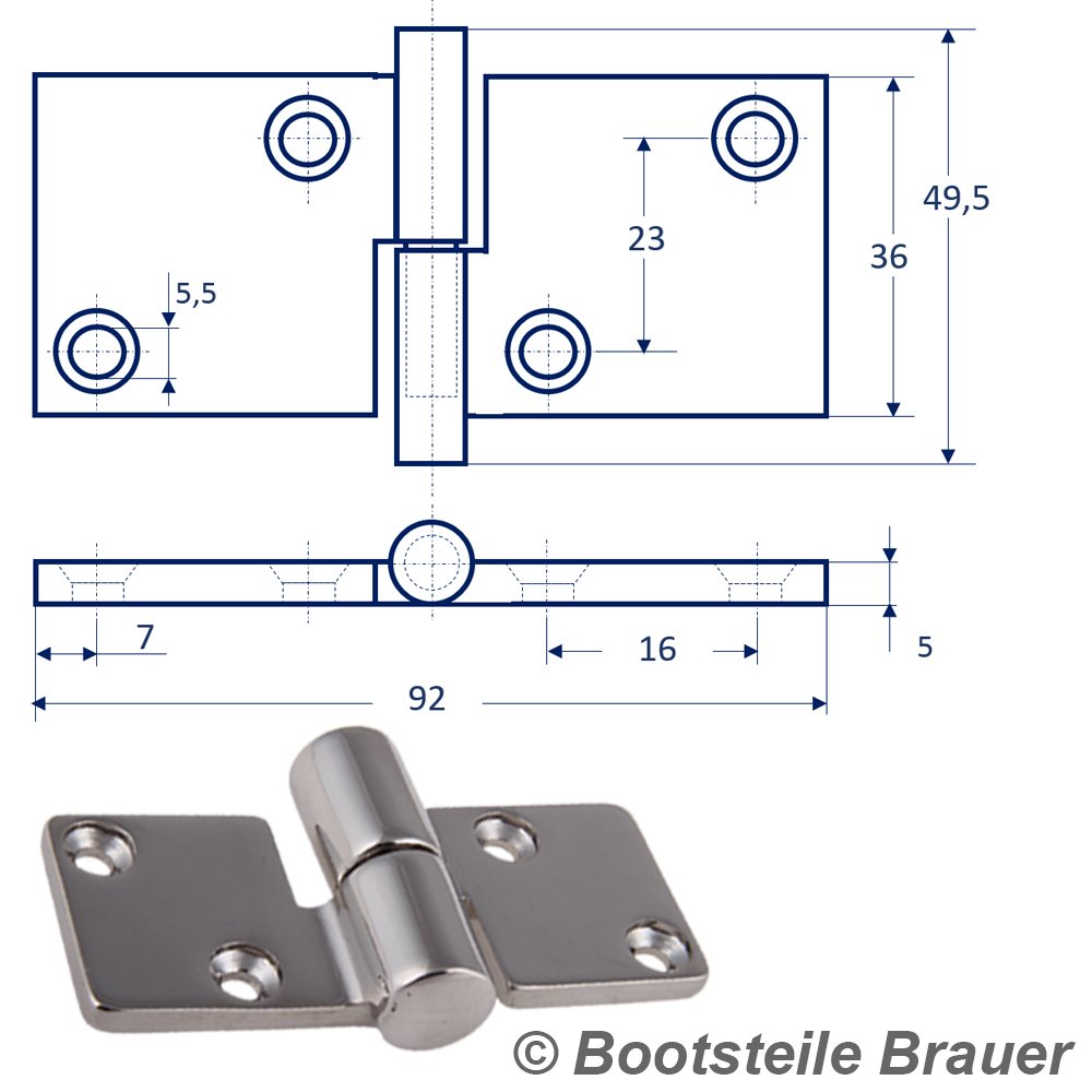 2 Edelstahl Scharniere MOTORHAUBE RECHTS 92 x 36 mm Edelstahlscharnier Edelstahl A4 Beschlag