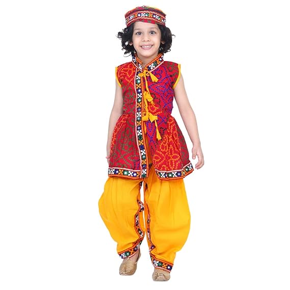 Ethnic Wear Bandhani Printed Front Open Navratri Kurta Kediyu Dhoti Set for Boys, Sleeveless Above Knee Kurta with Mandarin Collar, Ideal for All Festivals