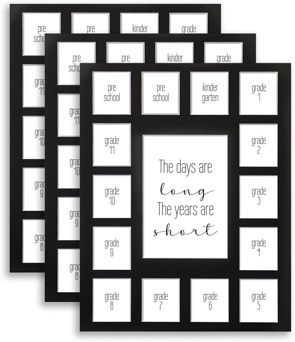 11X14 Bulk 2 School Days Picture Mat with Multiple Openings–Years Photo Collage – Days are Long Picture Mat – No Frame - 2 Pre-School & Kindergarten to 12th Grade (15 Photos, 2PreK-12th, Black)