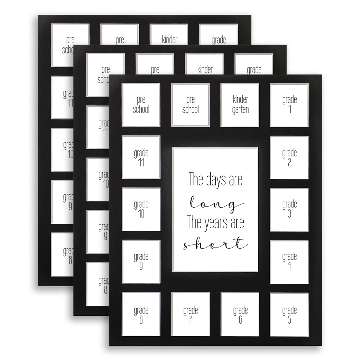 11X14 Bulk 3 School Days Picture Mat with Multiple Openings–Years Photo Collage – Days are Long Picture Mat – No Frame - 2 Pre-School &amp; Kindergarten to 12th Grade (15 Photos, 2PreK-12th, Black)