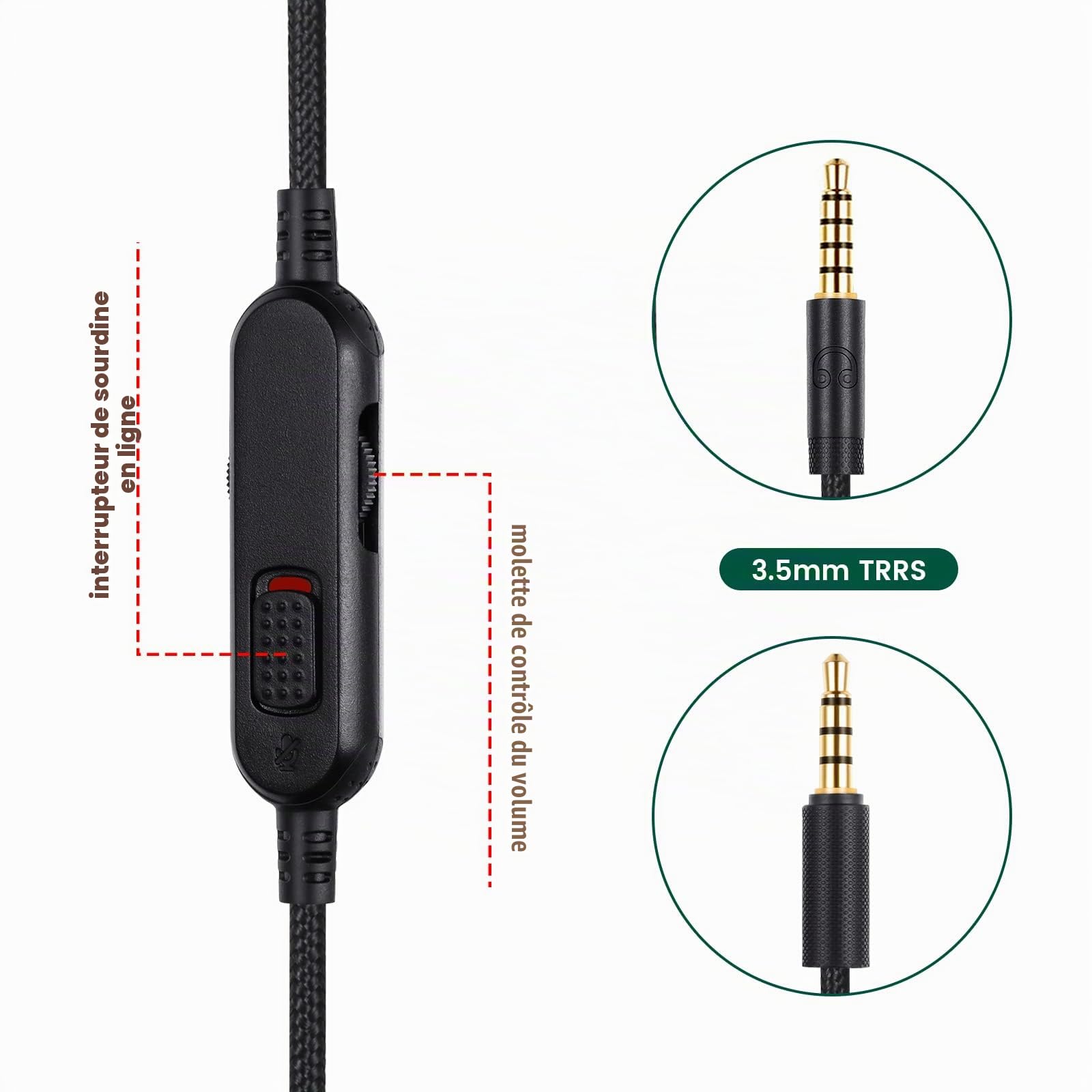 G Pro X Cord, câble de rechange amovible pour casque de jeu Logitech G Pro/G433/G233, fil en nylon tressé de 3,5 mm avec interrupteur muet en ligne et contrôleur de volume, 1,8 m de long