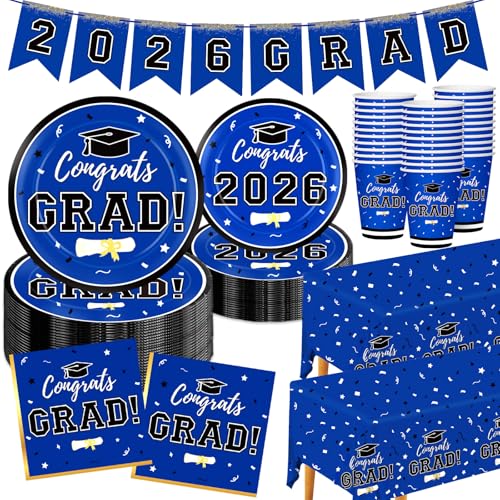 Graduation Decorations 2026 Disposable Blue Graduation Tableware Kit for 25 Guests Plates Napkins Cups Tablecloth Hanging Graduation Party Decorations 2026