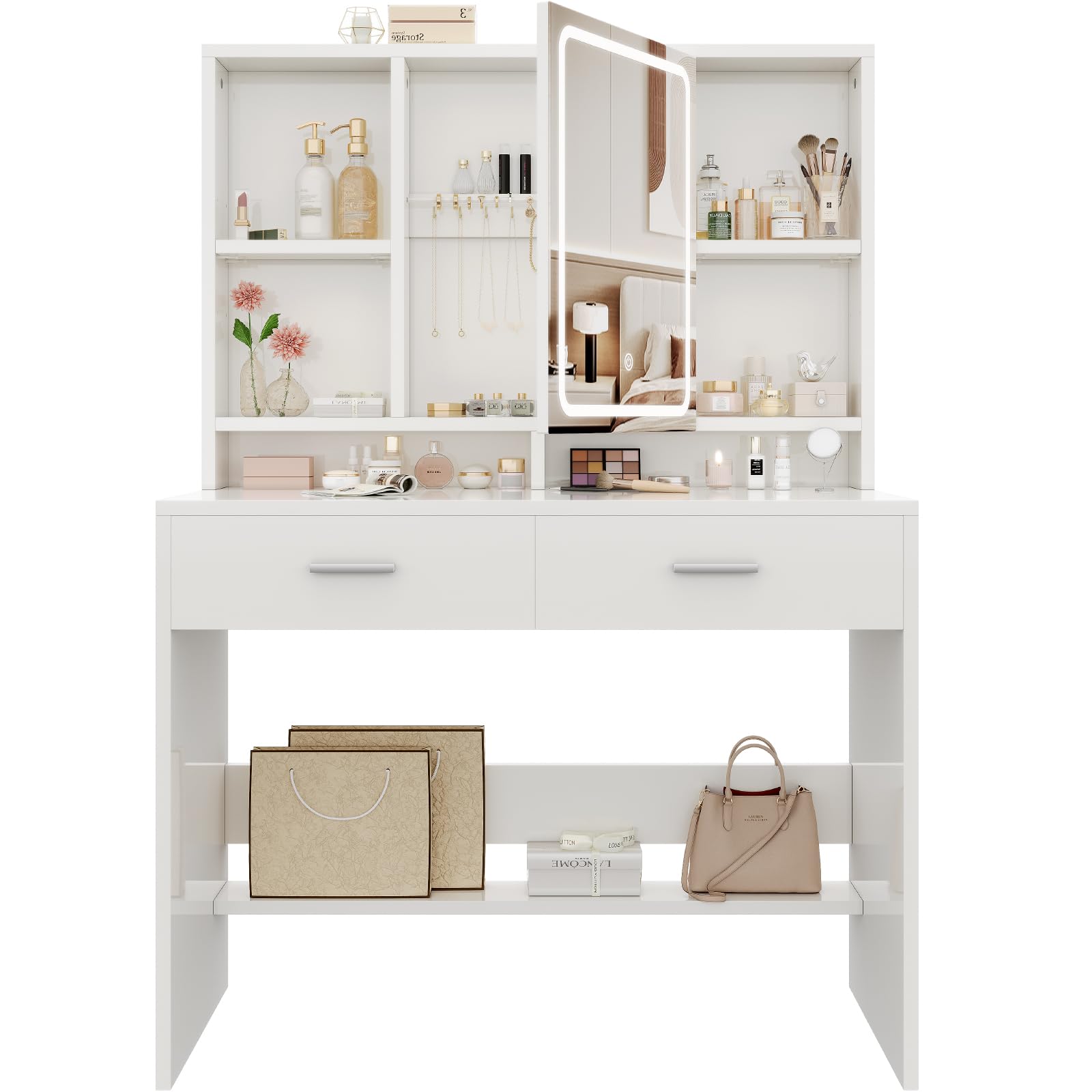 Devoko Coiffeuse avec Miroir LED, 3 Couleurs avec Luminosité Réglable, Table de Maquillage de Rangement, 2 Tiroirs et Étagères Réglables, Espace pour Bijoux, Style Moderne (Blanc)