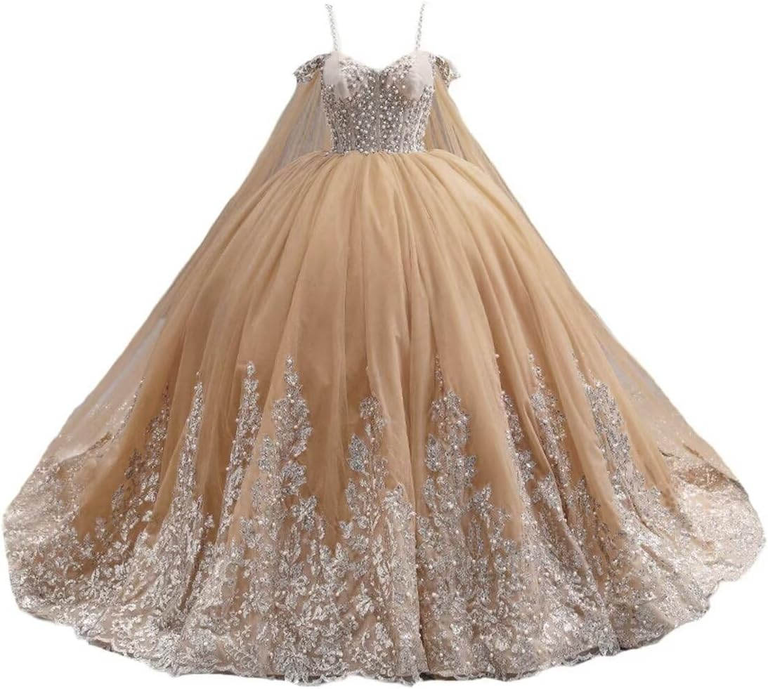 Dydsz Women's Sparkly Appliques Quinceanera Dresses with Cape Beaded Sweet 16 Prom Ball Gown