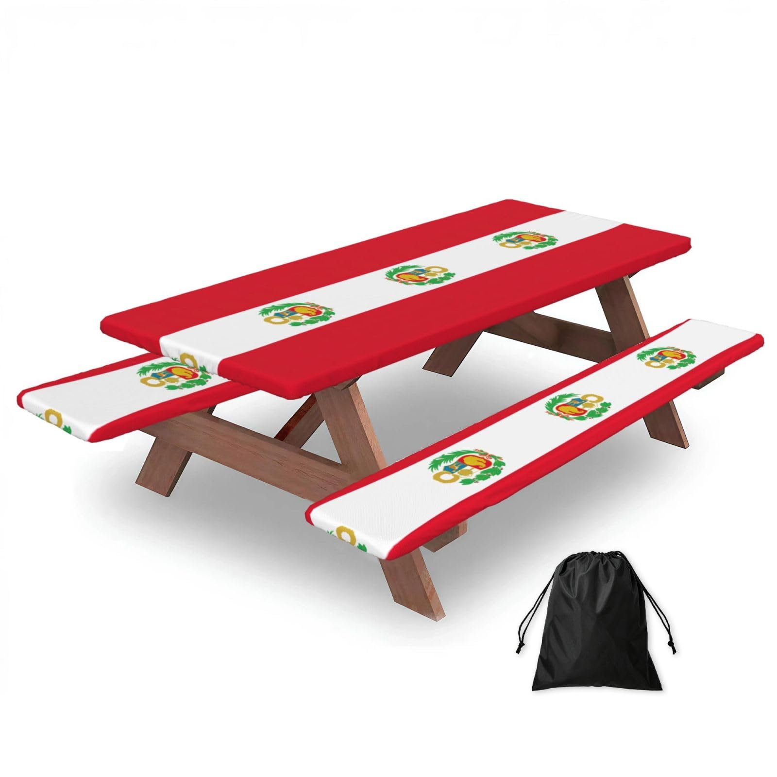 Flag Of Peru Print 183cm Picnic Table Cover With Bench Covers, Waterproof Elastic Tablecloth Set For Outdoor