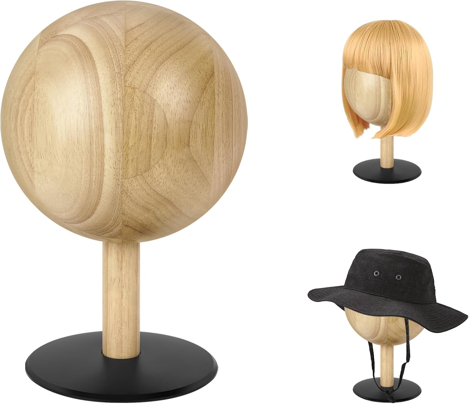 GEEKRIA Hat and Wig Display Stand, Wooden Wig Head Stand, Mannequin Block Head with Stand, Manikin Head Hat Holder for Shop, Hair Salon, Home Decor
