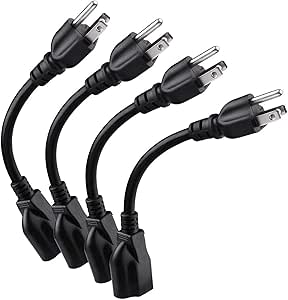 Miady Short Power Extension Cord Outlet Saver, 16AWG/13A, 3 Prong (4 Pack, Black, 8 Inch, ETL Listed)