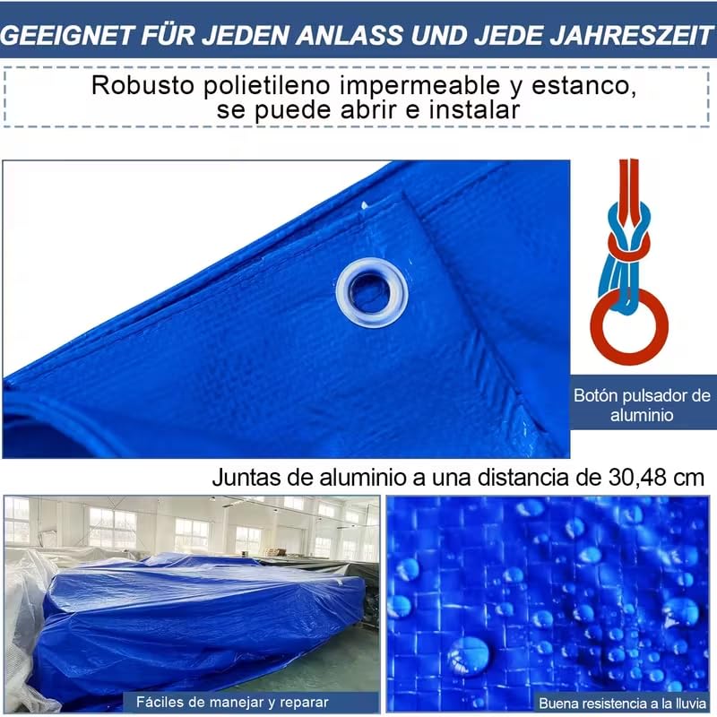 MORE FREE - Lona Impermeable Azul 70g/m² – Polipropileno y Polietileno, Resistente al Moho, con Ojales de Aluminio, Ideal para jardín, Coche y Muebles (5X6M)