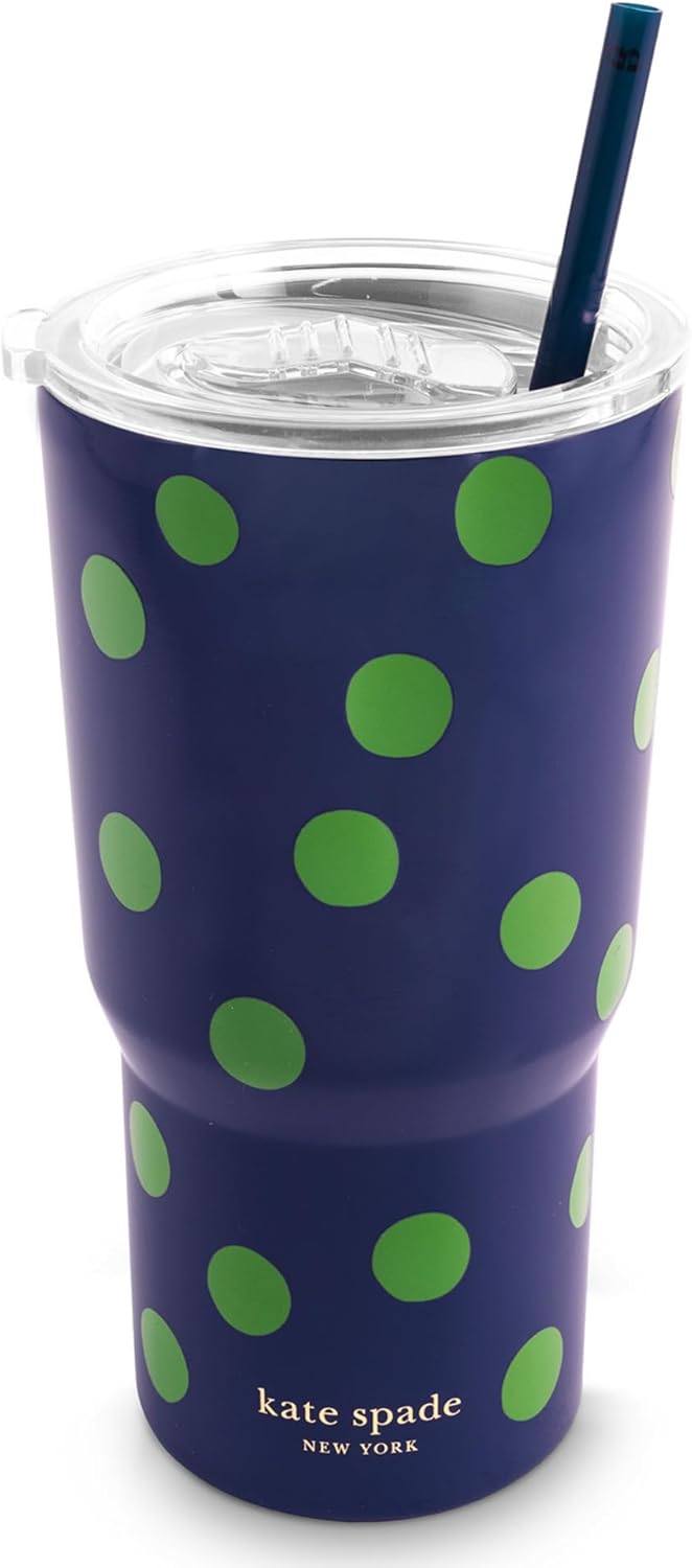 kate spade new york 20 Ounce Insulated Tumbler for Cold and Hot Drinks with Reusable Straw, Stainless Steel Travel Cup with Slide Top Lid, Sonnet Dot