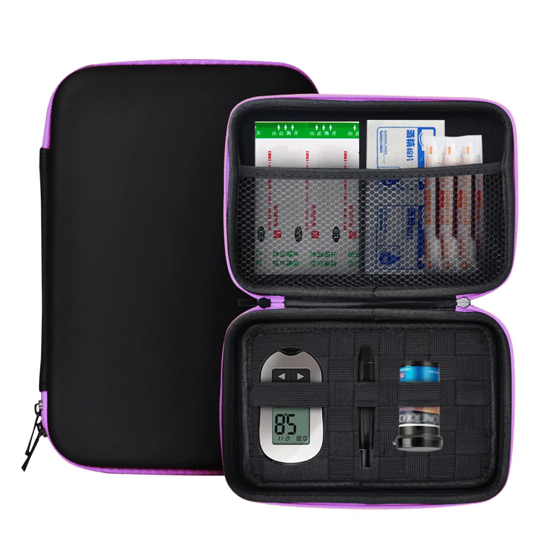 Diabetic Supplies Travel Case, Diabetes Testing Kit Storage Bag, Glucose Meter Case Organizer for Blood Sugar Test Strips, Syringes, Pens, Insulin Vials and Lancets (Purple)