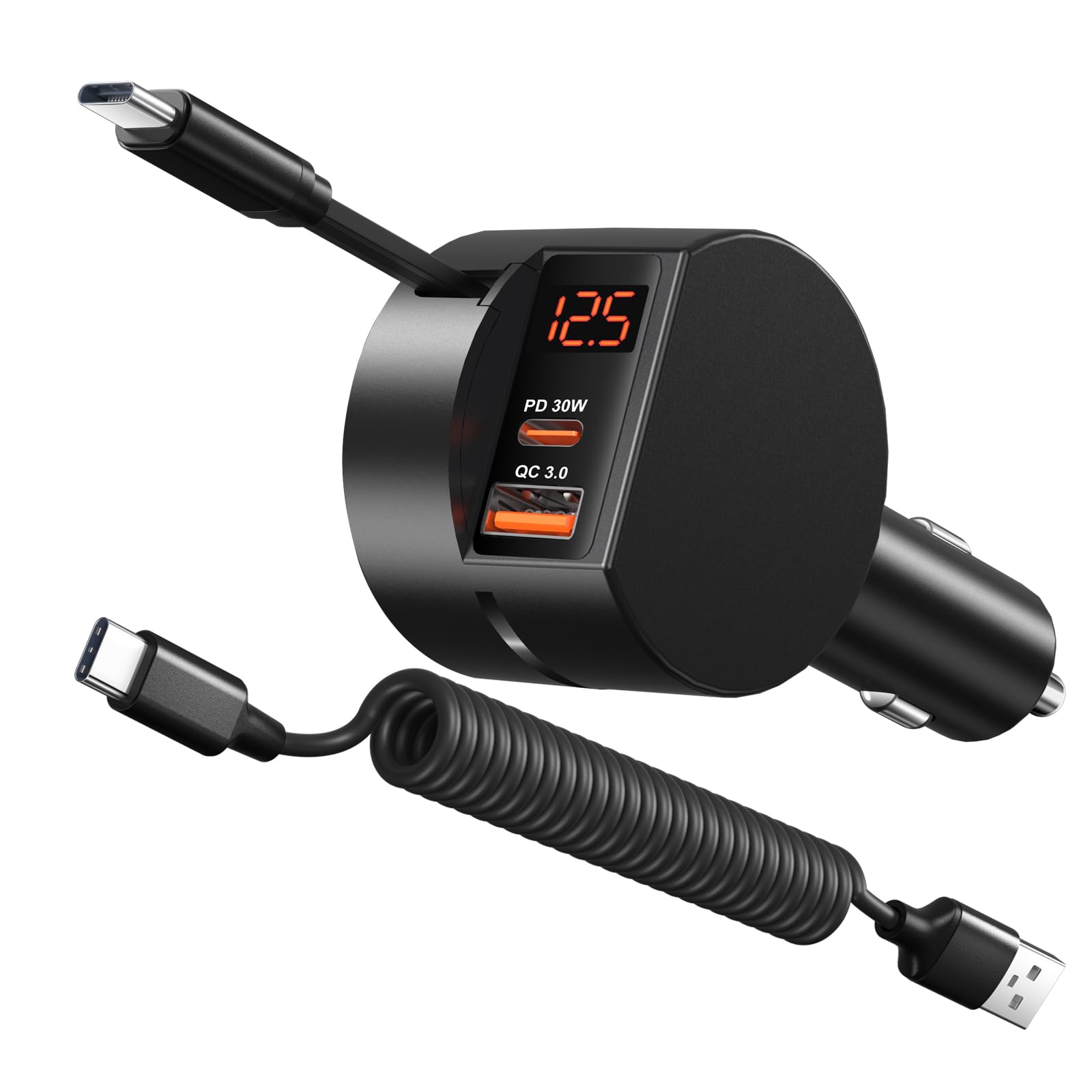 Retractable USB C Car Charger with Cord, OKRAY 78W 3-Port 12v Cigarette Lighter Adapter PD30W Fast Charging Samsung Car Charger & Coiled USB C Cable for Samsung Galaxy S25 S24 A16,iPhone 16 15 Pro Max