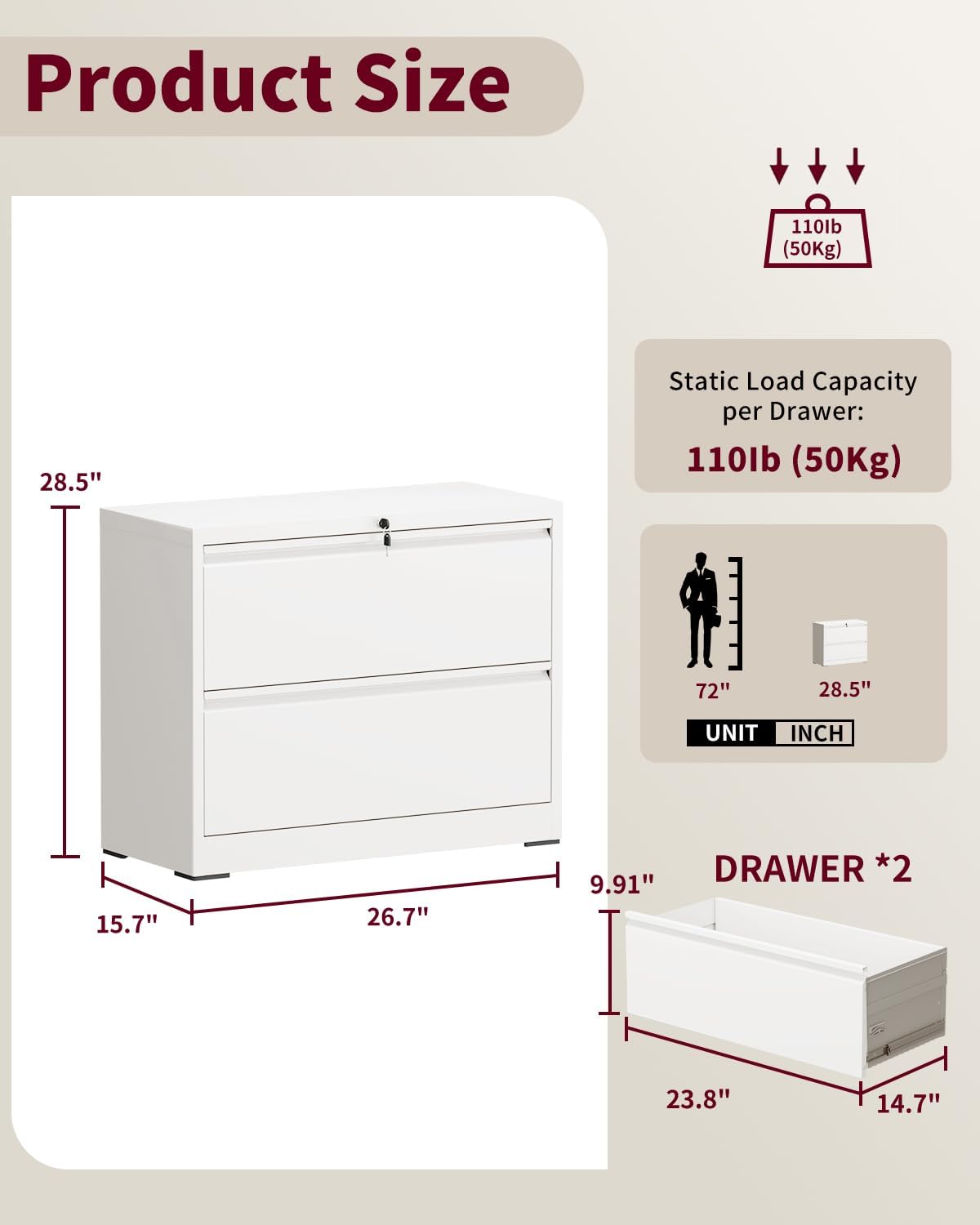 2 Drawer Lateral File Cabinet with Lock, 26.7" Wide Metal Filing Cabinets for Home Office, Steel Horizontal Storage Cabinet for Letter/Legal/F4/A4 Size - White