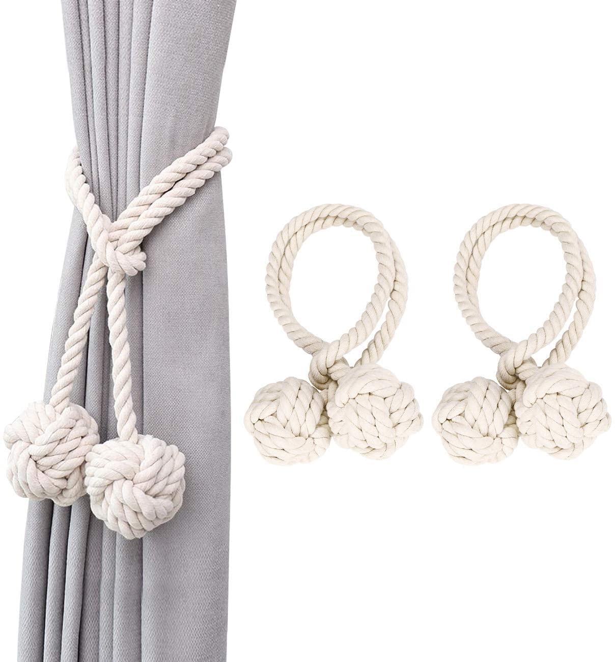 2 Pcs Curtain Rope Tiebacks, Heavy Duty Cotton Handmade Double Rural Knot Balls Curtain Tiebacks, Christmas Decorative Curtain Drapery Holdbacks