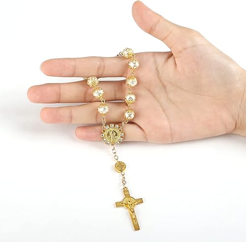 Miniatura 5 de LEMESO 20 piezas de bautismo chapado en oro, mini rosario de perlas de imitación de color marfil y pulsera con patrón de Jesús, ideal para bautizo,