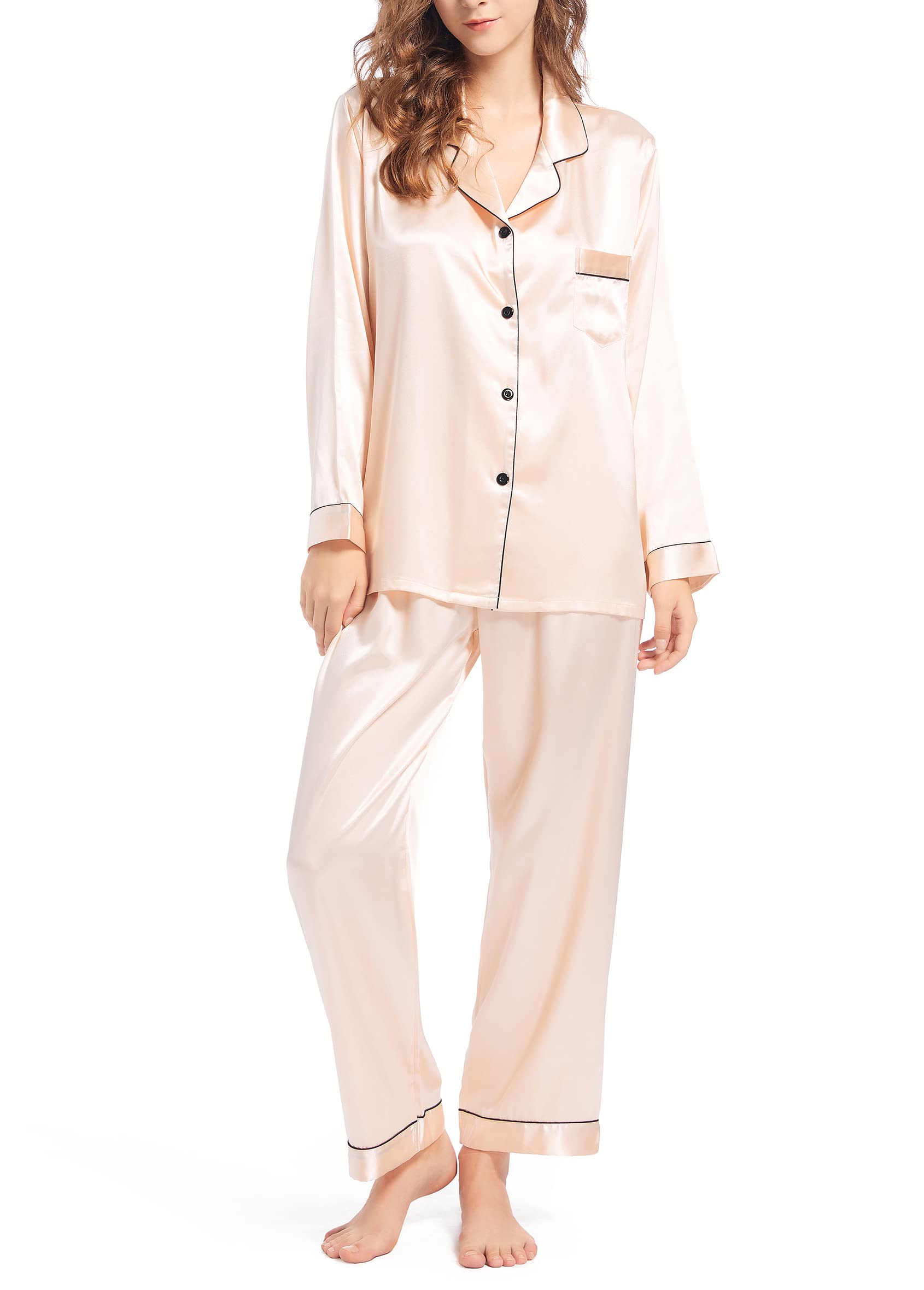Fivali Womens Silk Satin Pajamas Long Sleeve Pj Set Two