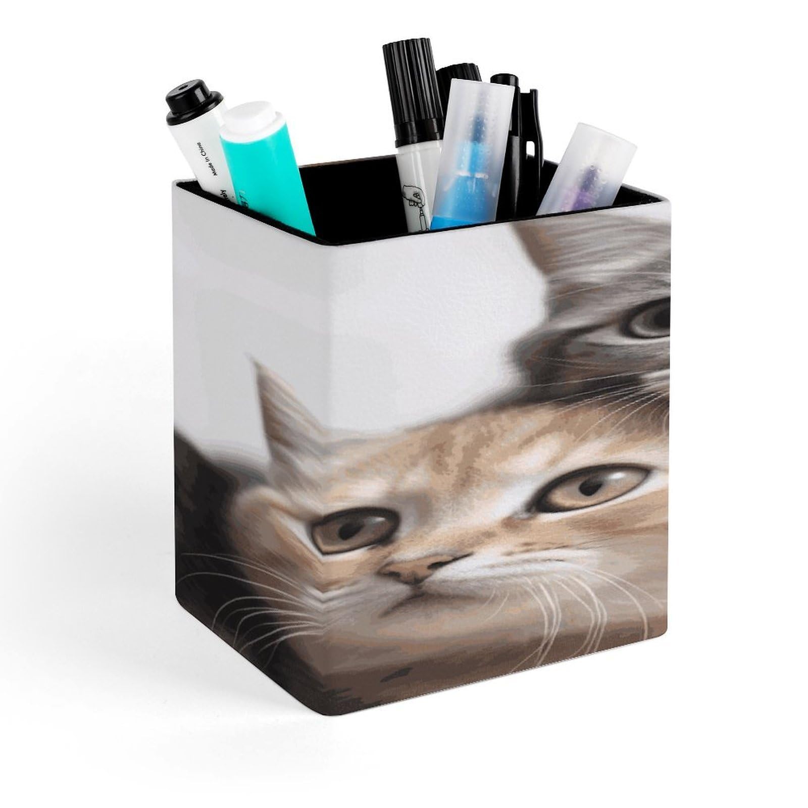 MUSM Cats Pen Holder Square PU Leather Desktop Organizer And Makeup Brush Holder Storage Box Modern Design Stationery Organizer for Office Desk Accessory