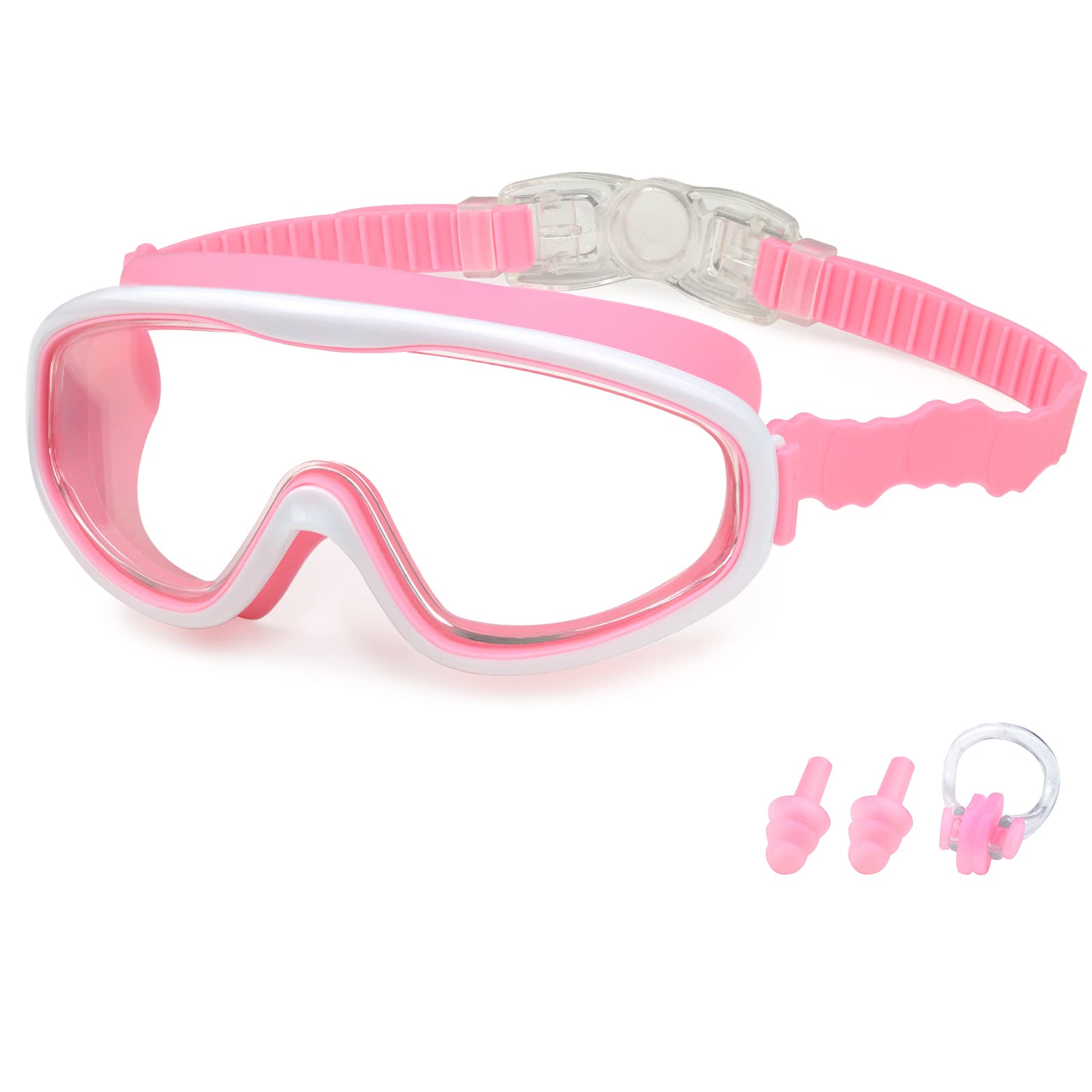 KAILIMENG Kids Swim Goggles, Clear Wide View No-Leak Anti-Fog UV Protection Swimming Glasses with Nose Clip Earplugs for Toddlers Youth Child 3-15 Years Old (Pink)