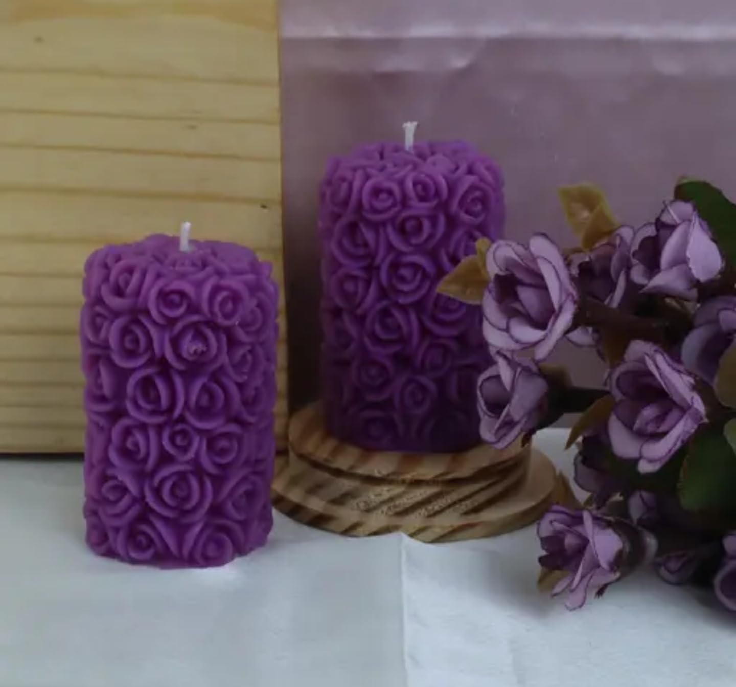 Decorative Rose-Shaped Floating Candles, Purple and Pink, Set of 10 with Wooden Base