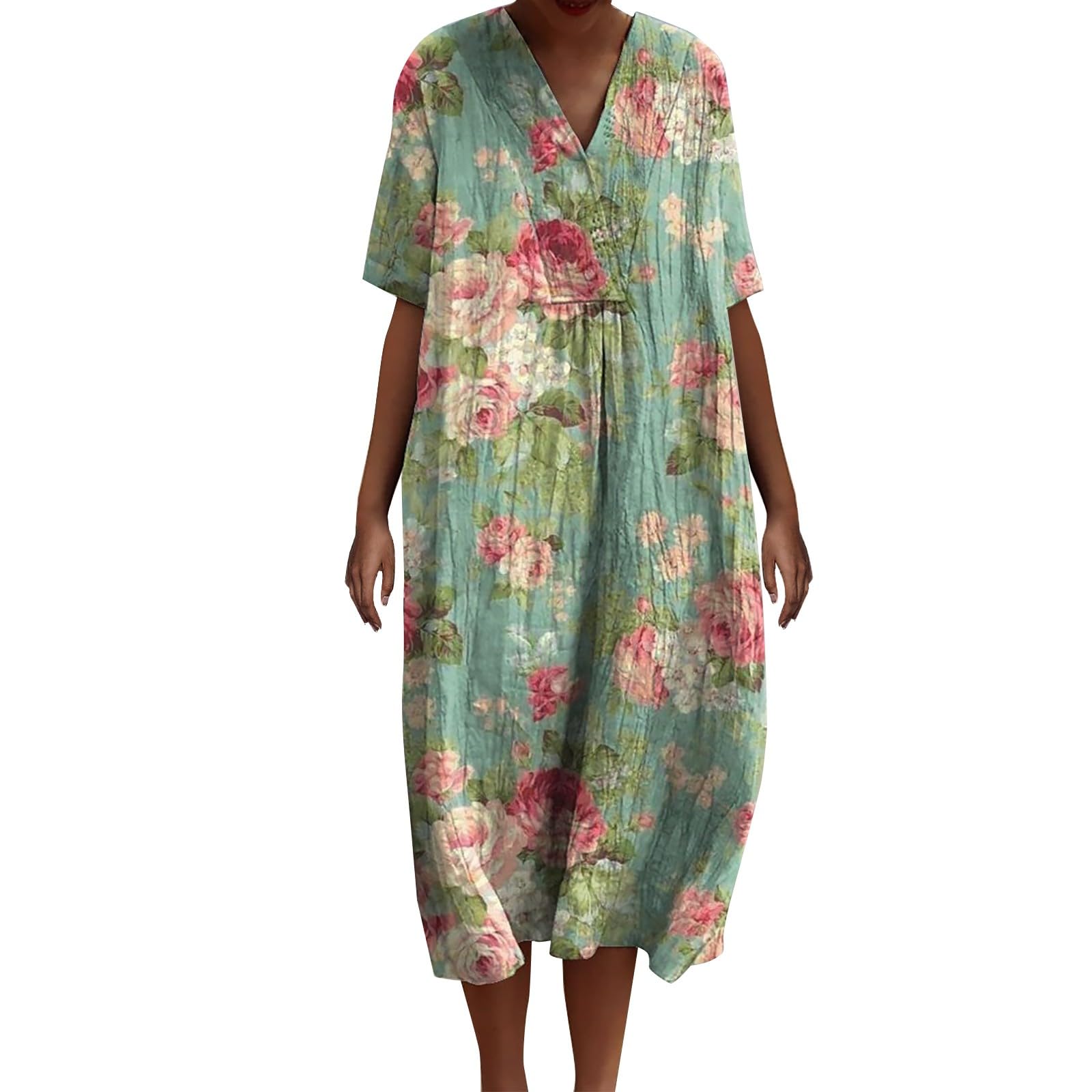 Generic Vestido de verano largo para mujer, vestido largo de lino para mujer, vintage, estampado floral, vestido de playa, cuello en V, tallas grandes, vestido maxi de lino, vestido bohemio, vestido informal