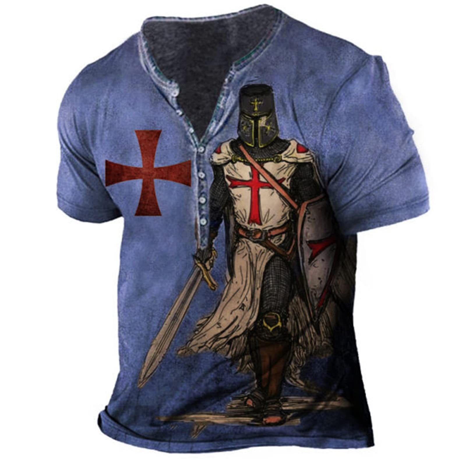 keephen Men's Distressed Henley Shirt Knight Templar 3D Printed Short Sleeve T Shirts Vintage Casual Sports Tshirt Tops