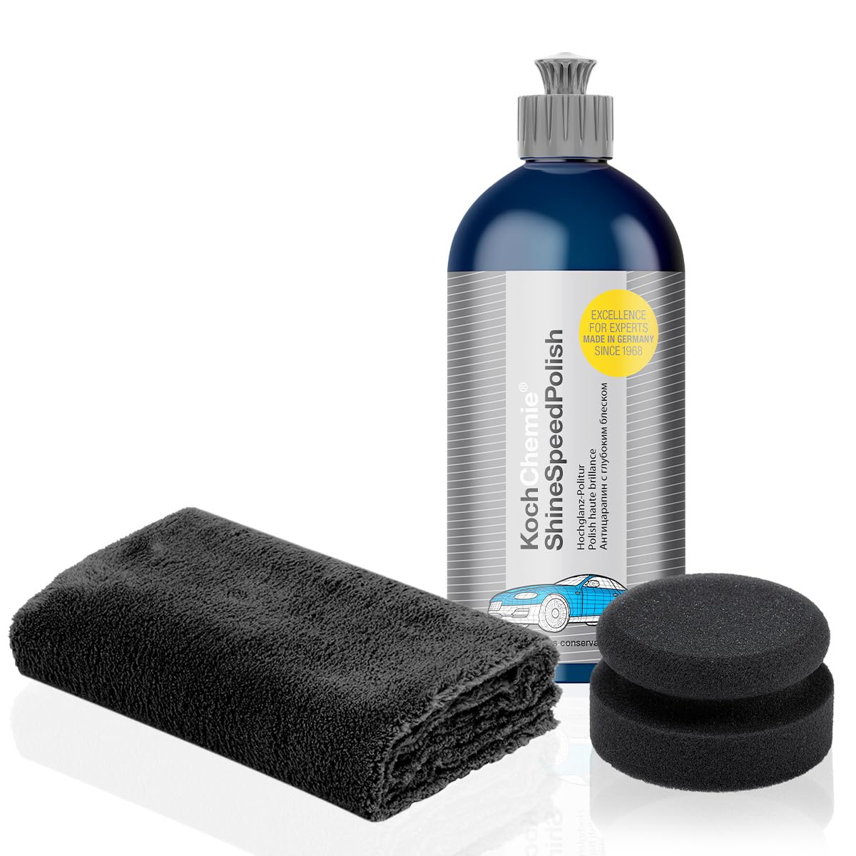 Autopolitur Set | Koch Chemie Shine Speed Polish 500ml für ein einzigartiges Hochglanz-Finish + Polierschwamm + Poliertuch | Auto Lack Politur geeignet für Handpolitur und Poliermaschine