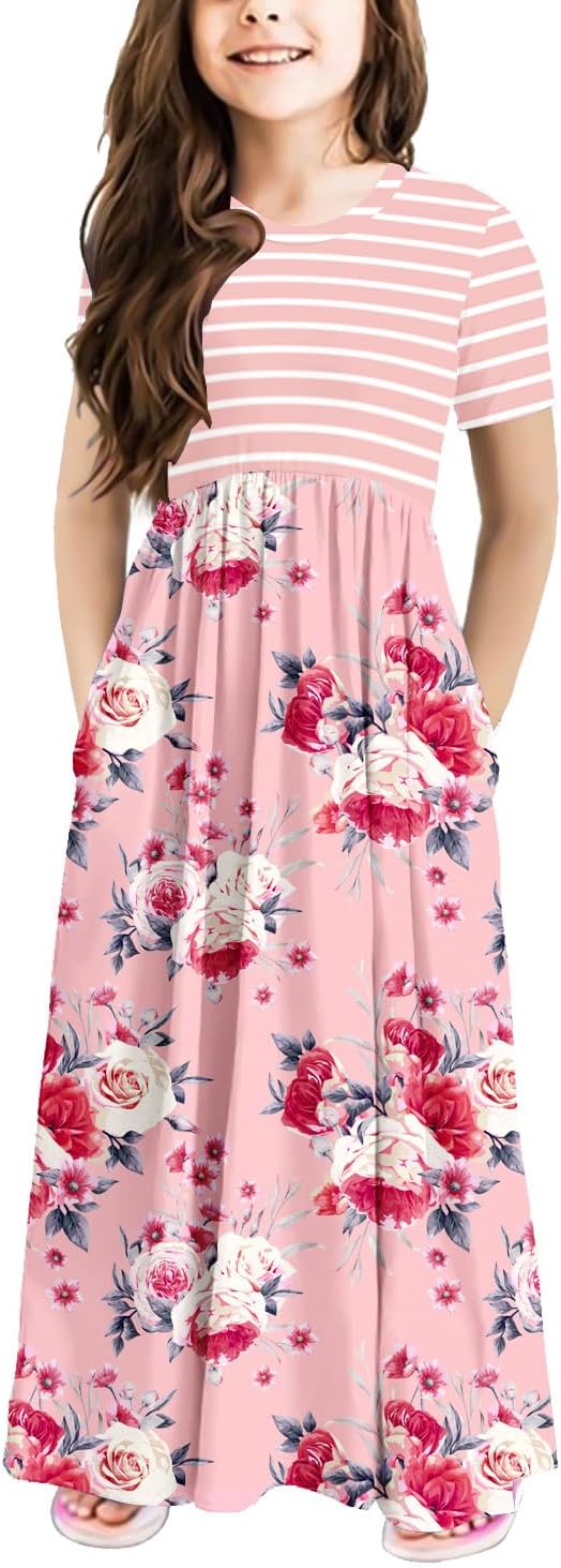 storeofbaby Girls Casual Maxi Floral Dress Long Sleeve Holiday Dresses with Pockets