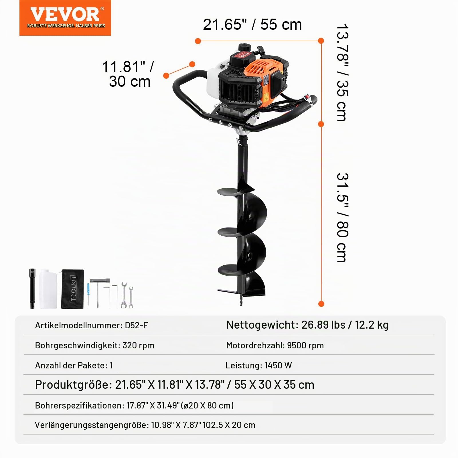VEVOR Erdbohrer mit Benzinmotor, 52 CC, 1450 W, Benzinbohrer mit 8-Zoll-Bohrkronen und 1 Verlängerungsstange, Lochbohrer für Pfostenzäune für Ackerland, Gartenpflanzen, Orange+Schwarz