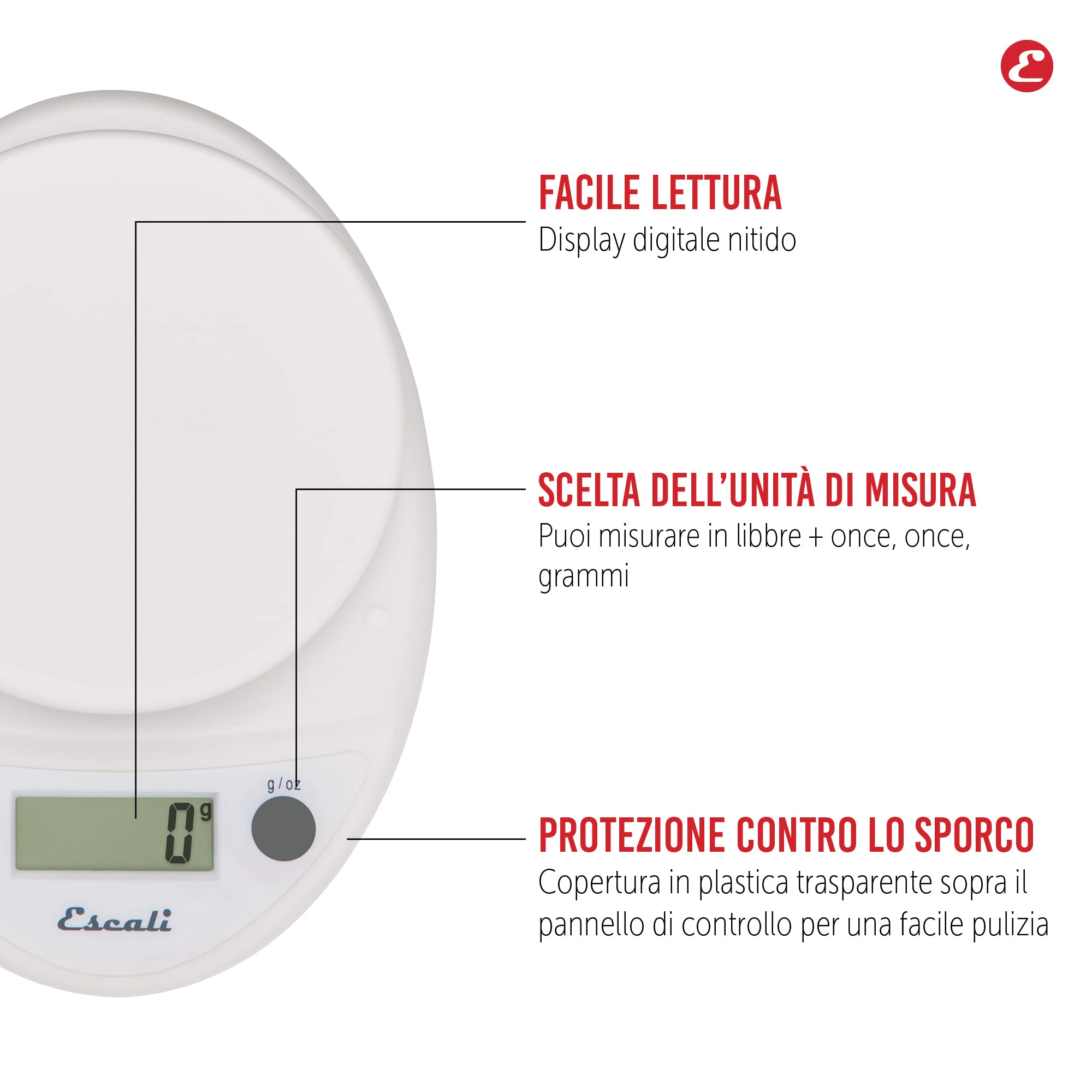 Escali P115W Bilancia Cucina Digitale Primo - Bilancia da Cucina, Perfetta per Pasticceria, Controllo Porzioni, Hobby - Capacità Massima di 5 kg - Bianco, 22 x 15 x 4 cm