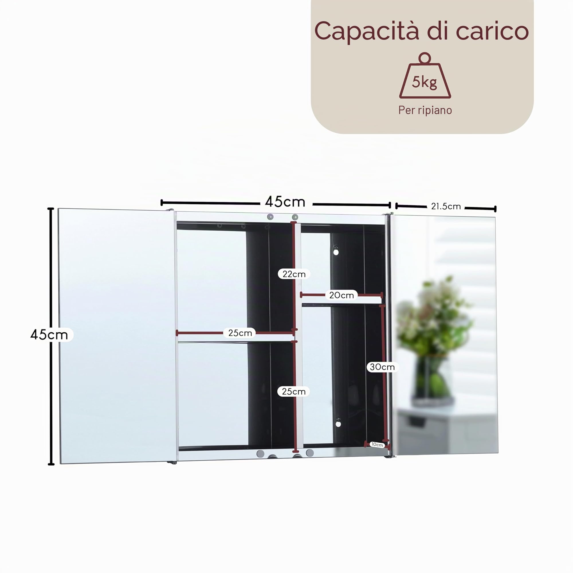 Bath Vida Tiano - Armadietto da Bagno con Doppia Anta a Specchio, Montaggio a Parete, in Acciaio Inox, Moderno
