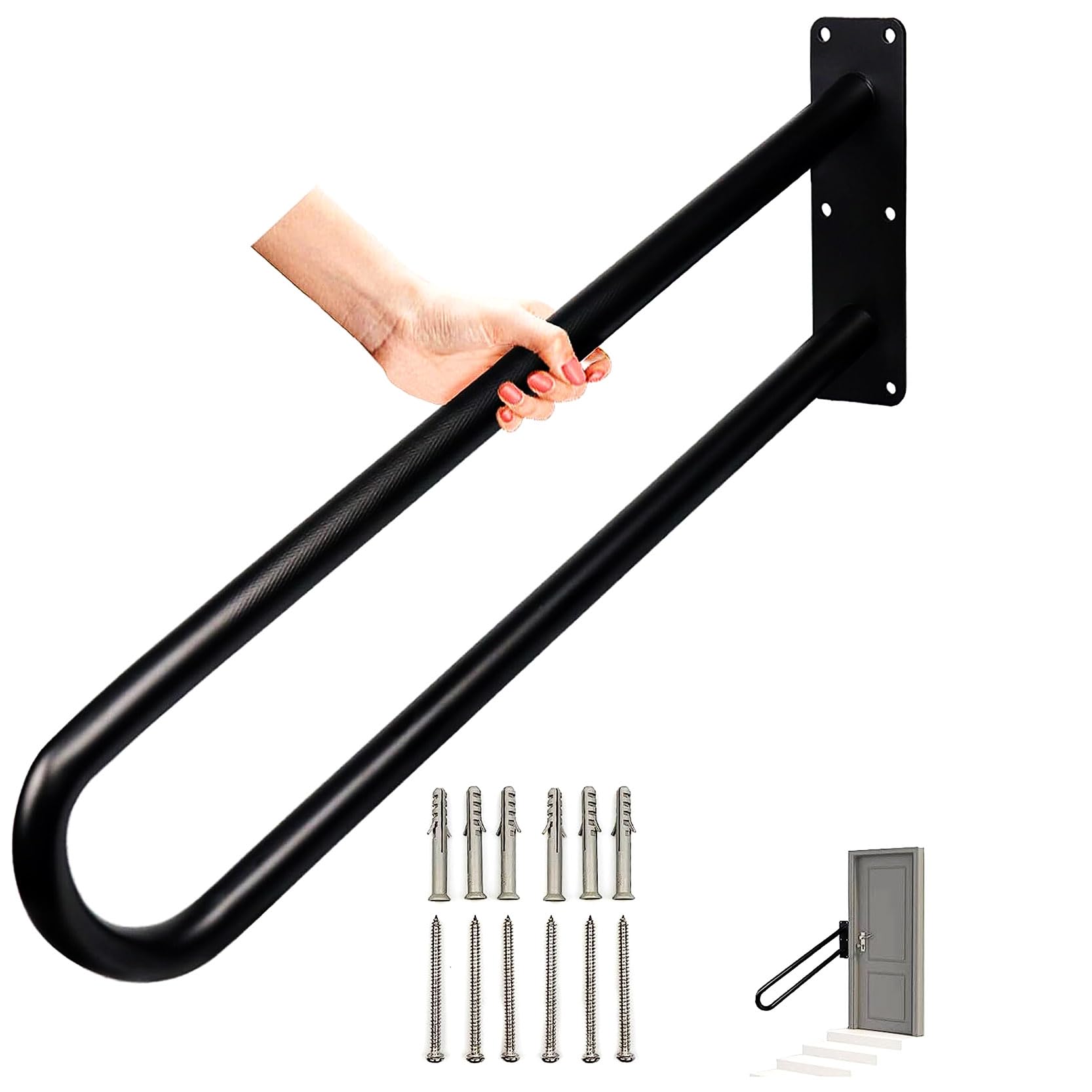 FKXSXAZ Handrails for Outdoor Steps, 19.7" Wall Mount Hand Rail 1-3 Steps with Polished Black Finished, Stair Railing Grab Bar Garage, Porch, Garden, Yard(Size:50cm/19.7in)