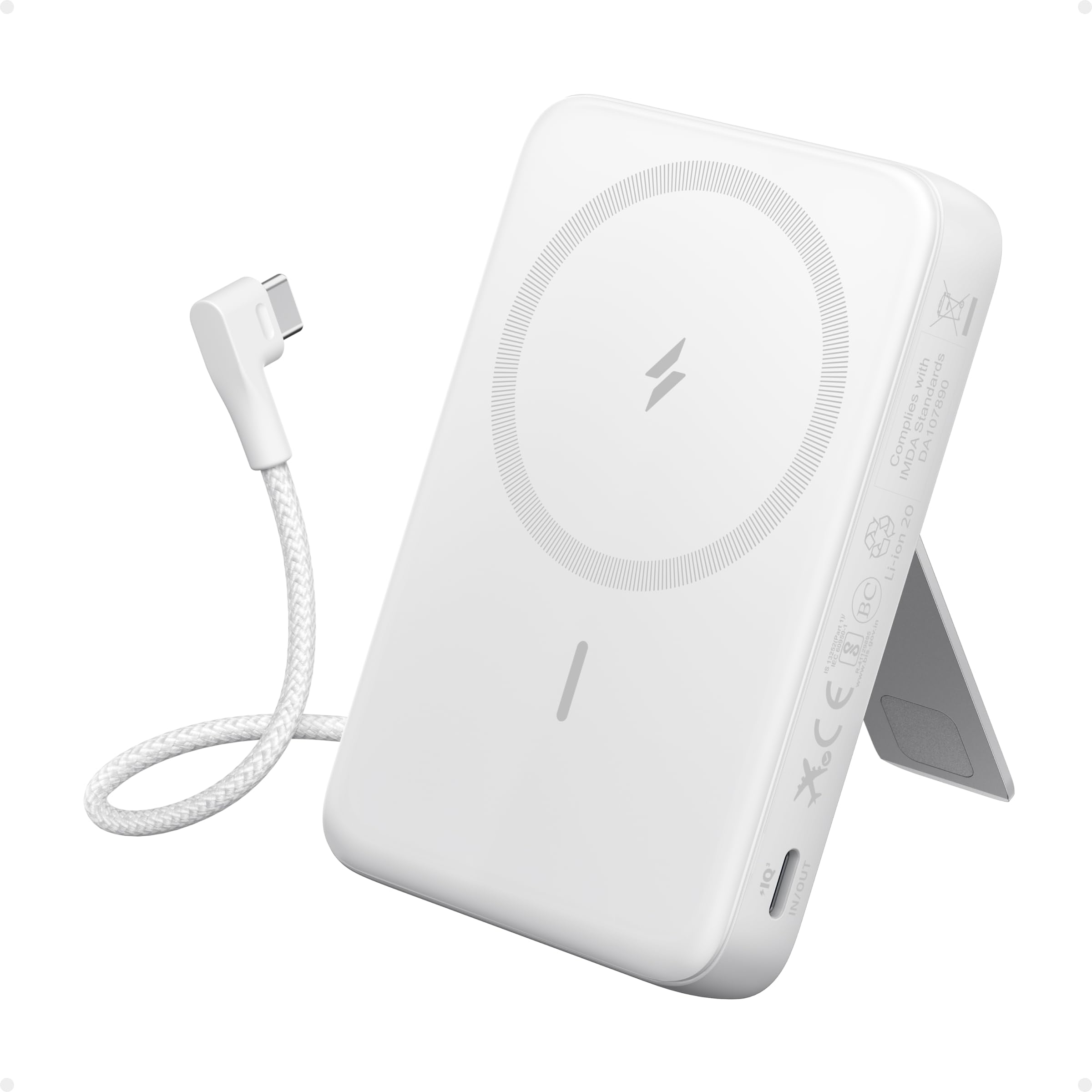 Anker Magsafe Power Bank 10000 mAh, przenośna ładowarka z szybkim ładowaniem 30 W Max, z wbudowanym kablem USB C i regulowanym uchwytem do iPhone 17/16/15 Series, AirPods i innych | Wbudowany kabel USB-C pod kątem prostym, regulowana podstawka, kompaktowa
