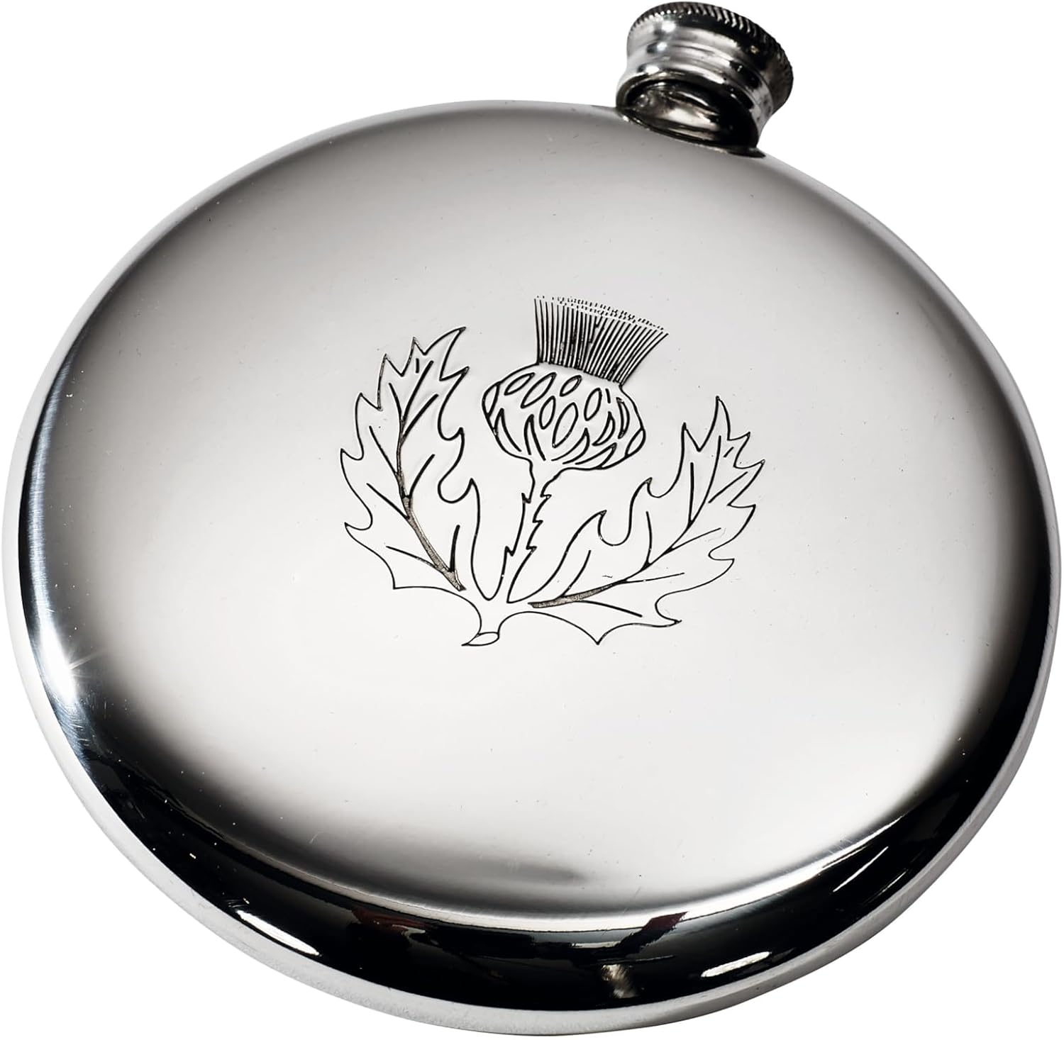 Wentworth Pewter -Thistle Stamp Polished Round Pewter Sporran Flask, Spirit Flask, 4oz Capacity (with engraving)